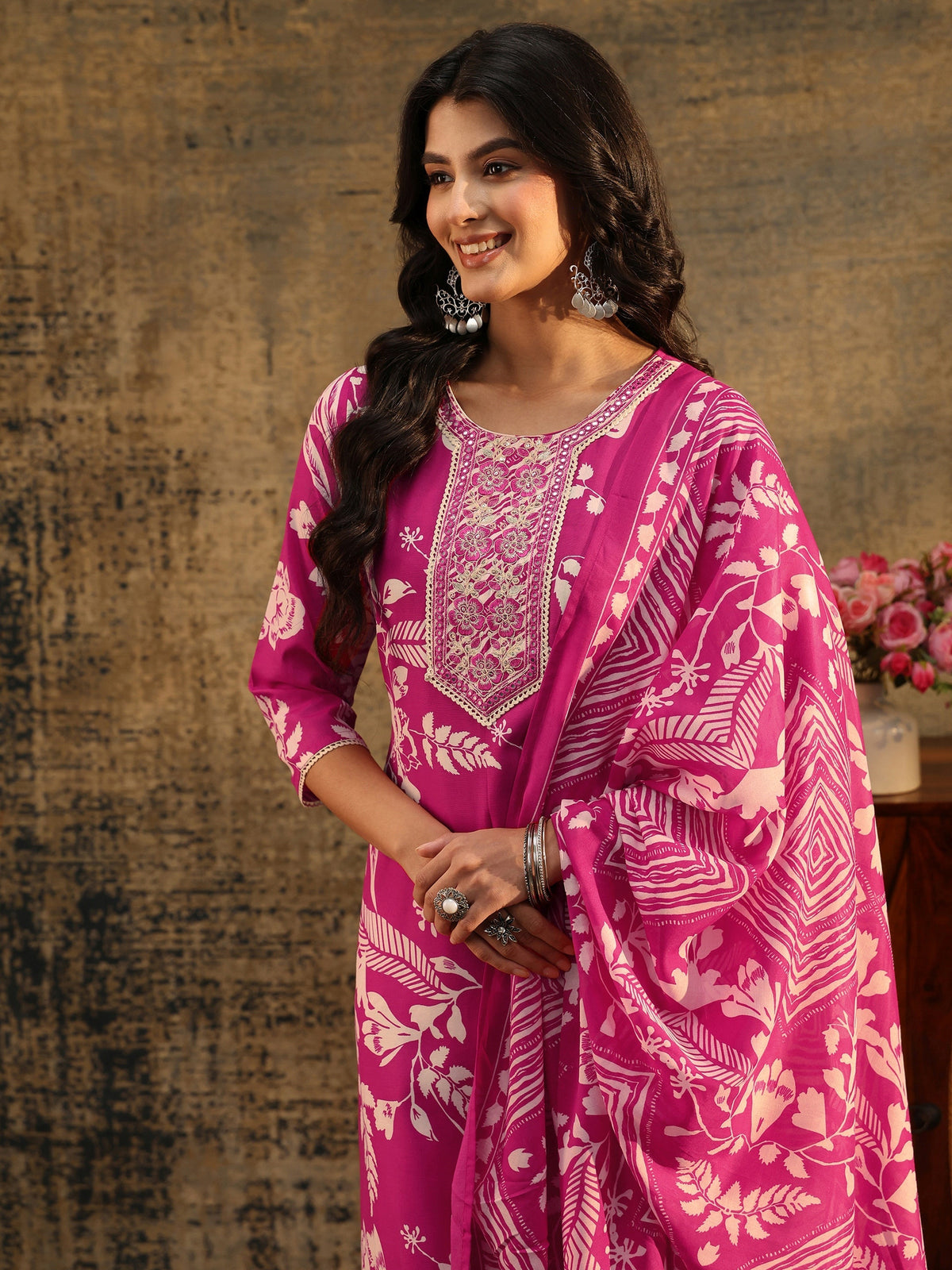 Anouk Rani Pink Floral Printed Cotton Blend Straight Suit Set