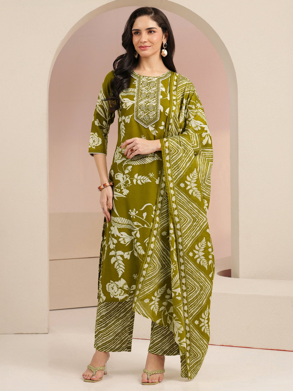 Anouk Olive Green Floral Printed Cotton Blend Straight Suit Set