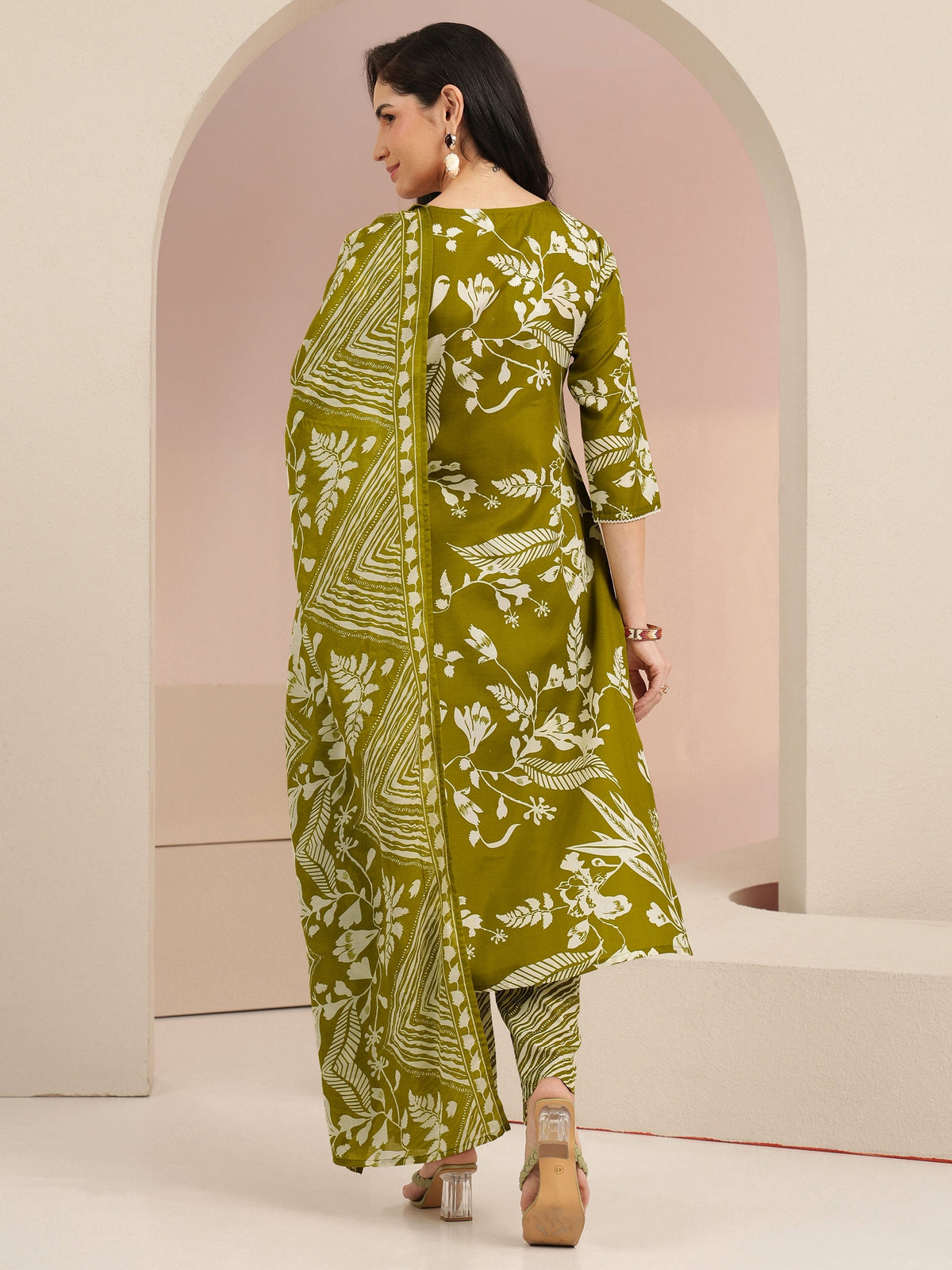 Anouk Olive Green Floral Printed Cotton Blend Straight Suit Set