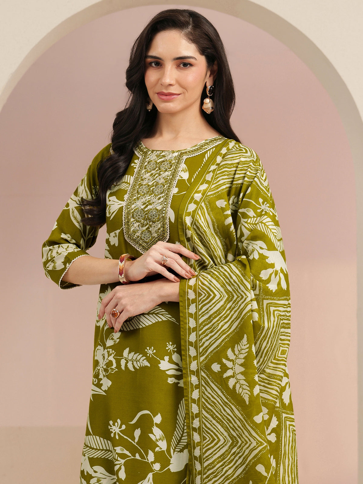 Anouk Olive Green Floral Printed Cotton Blend Straight Suit Set