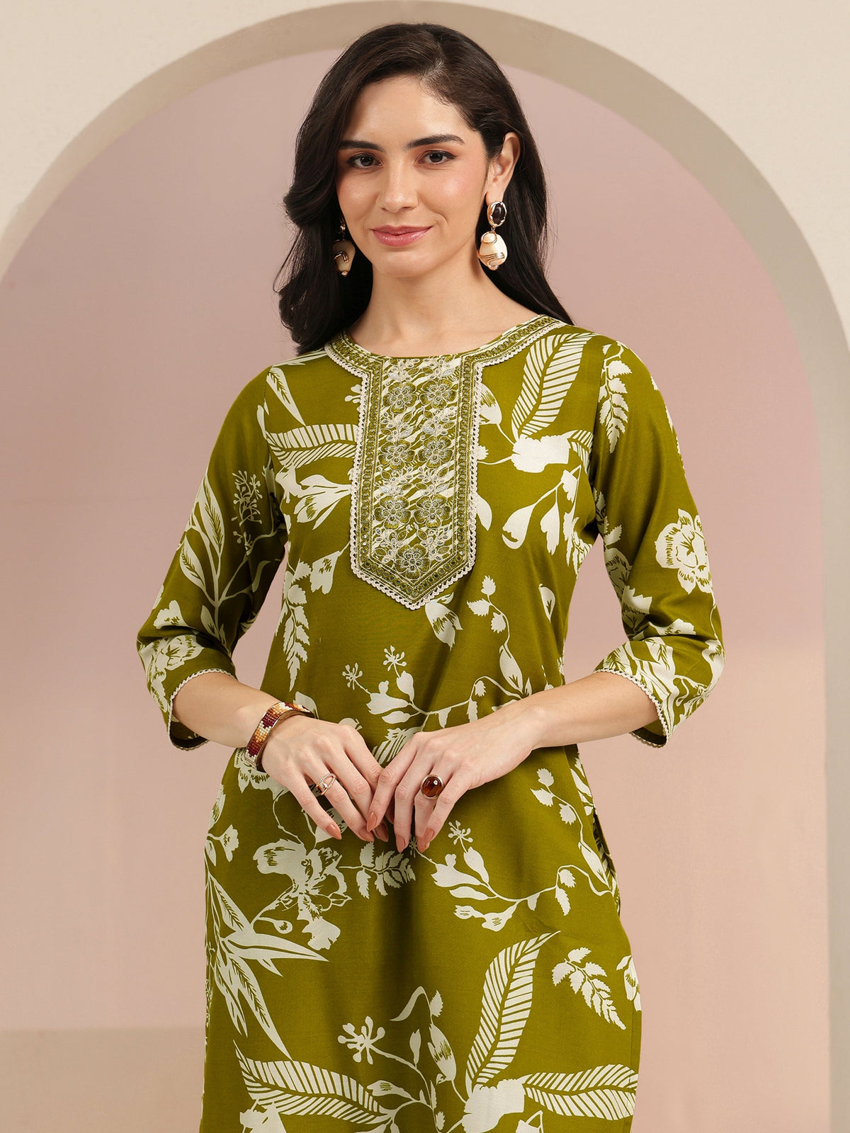 Anouk Olive Green Floral Printed Cotton Blend Straight Suit Set
