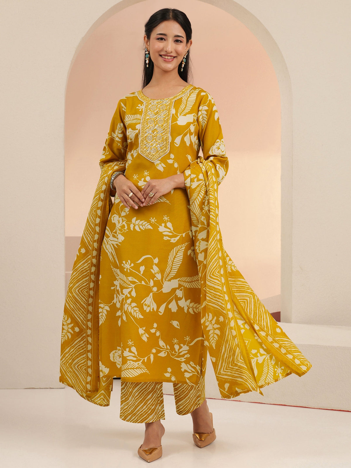 Anouk Mustard Floral Printed Cotton Blend Straight Suit Set