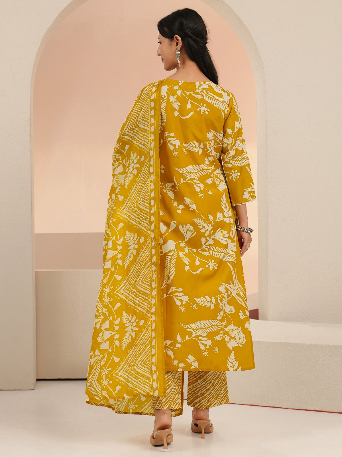 Anouk Mustard Floral Printed Cotton Blend Straight Suit Set