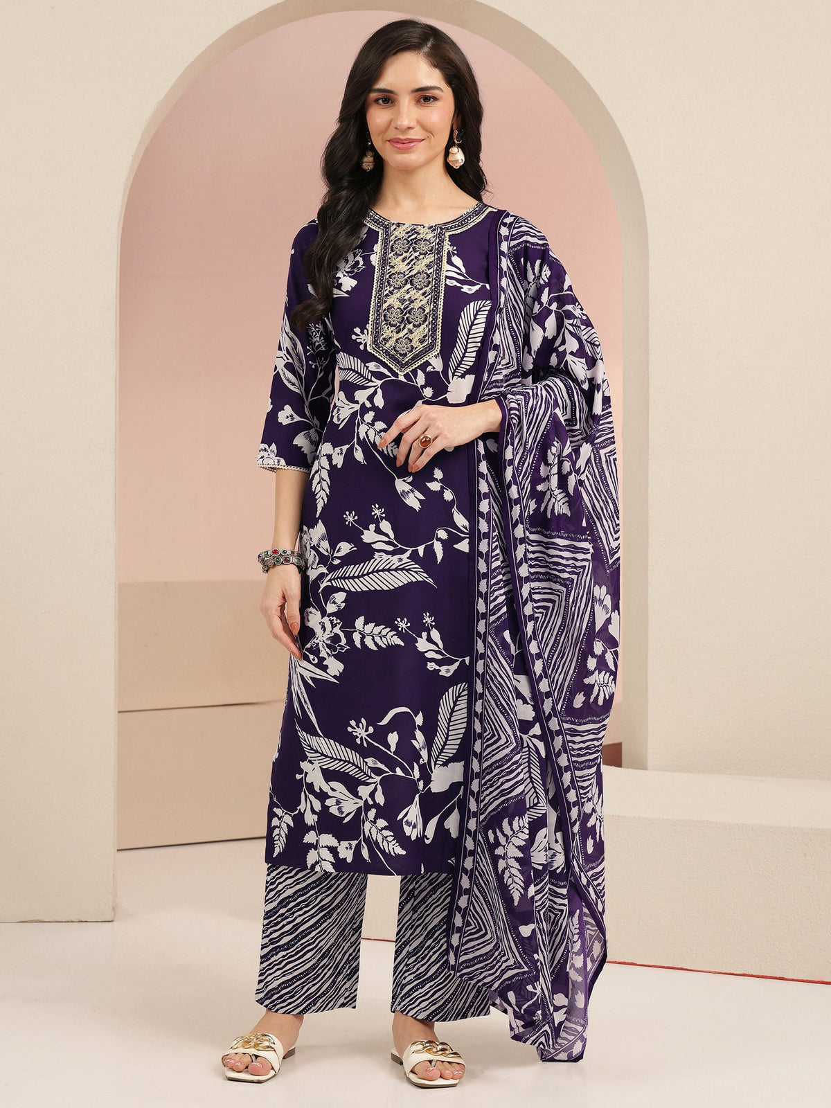 Anouk Plum Purple Floral Printed Cotton Blend Straight Suit Set