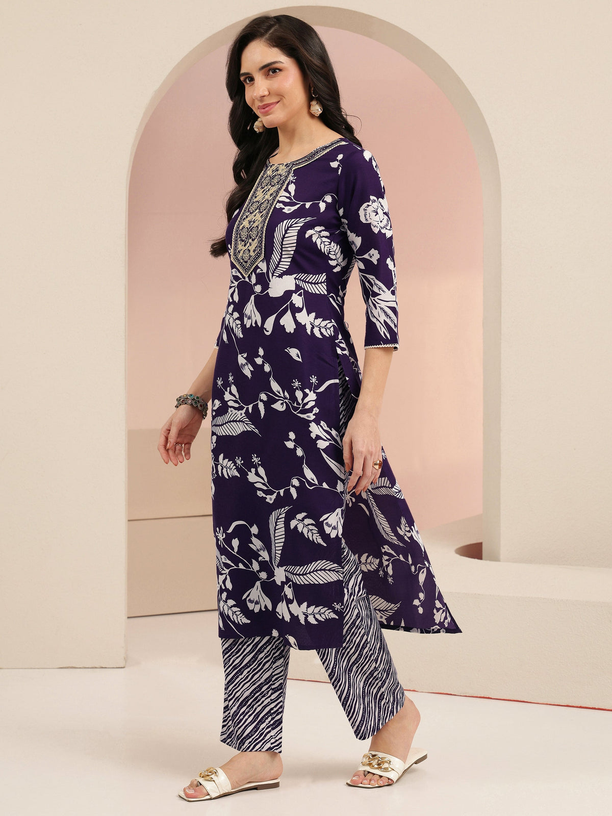 Anouk Plum Purple Floral Printed Cotton Blend Straight Suit Set