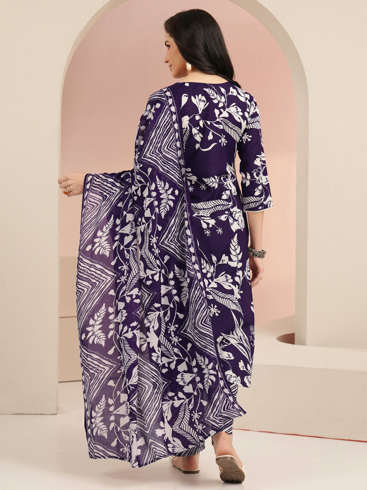 Anouk Plum Purple Floral Printed Cotton Blend Straight Suit Set