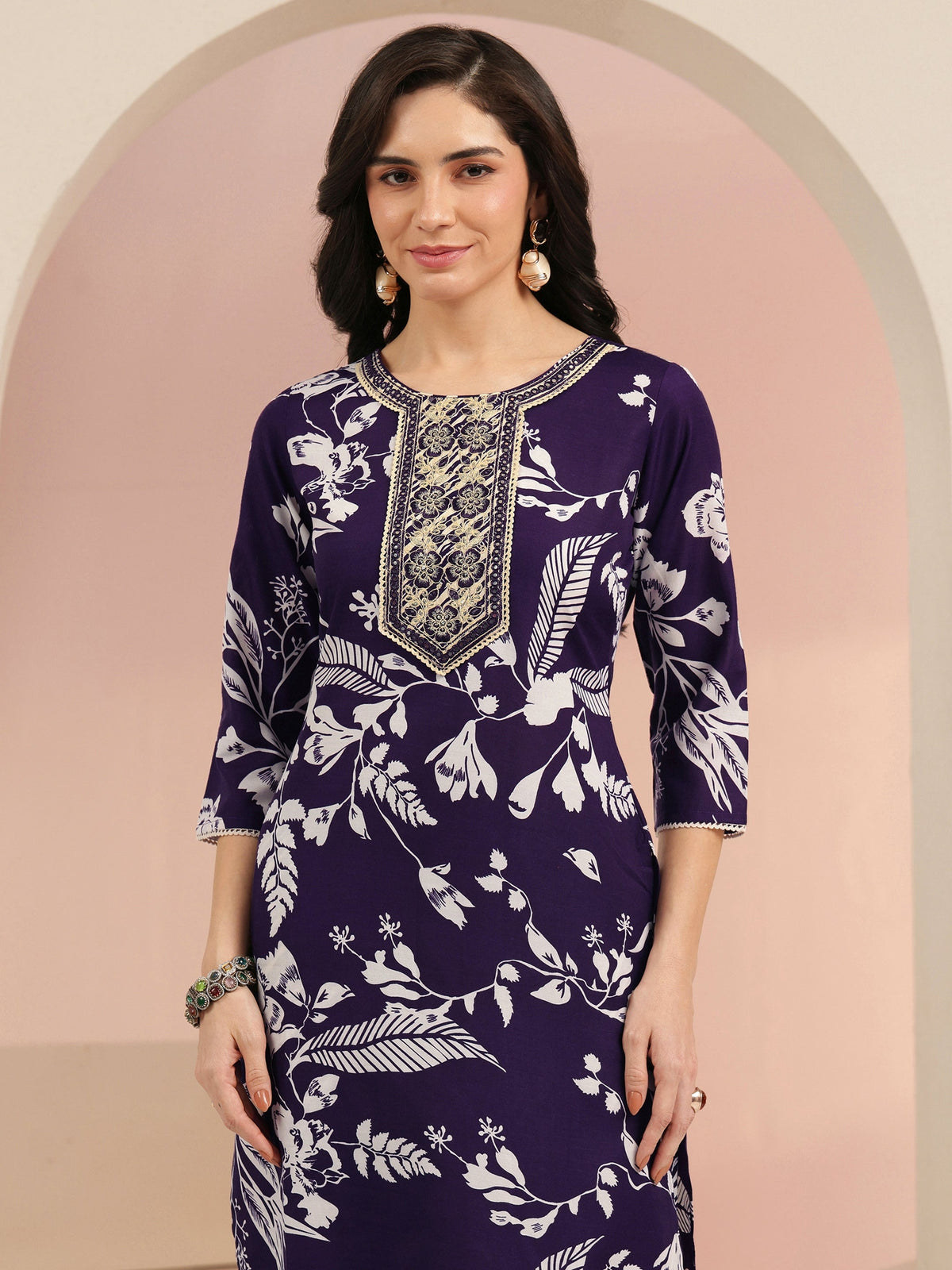 Anouk Plum Purple Floral Printed Cotton Blend Straight Suit Set