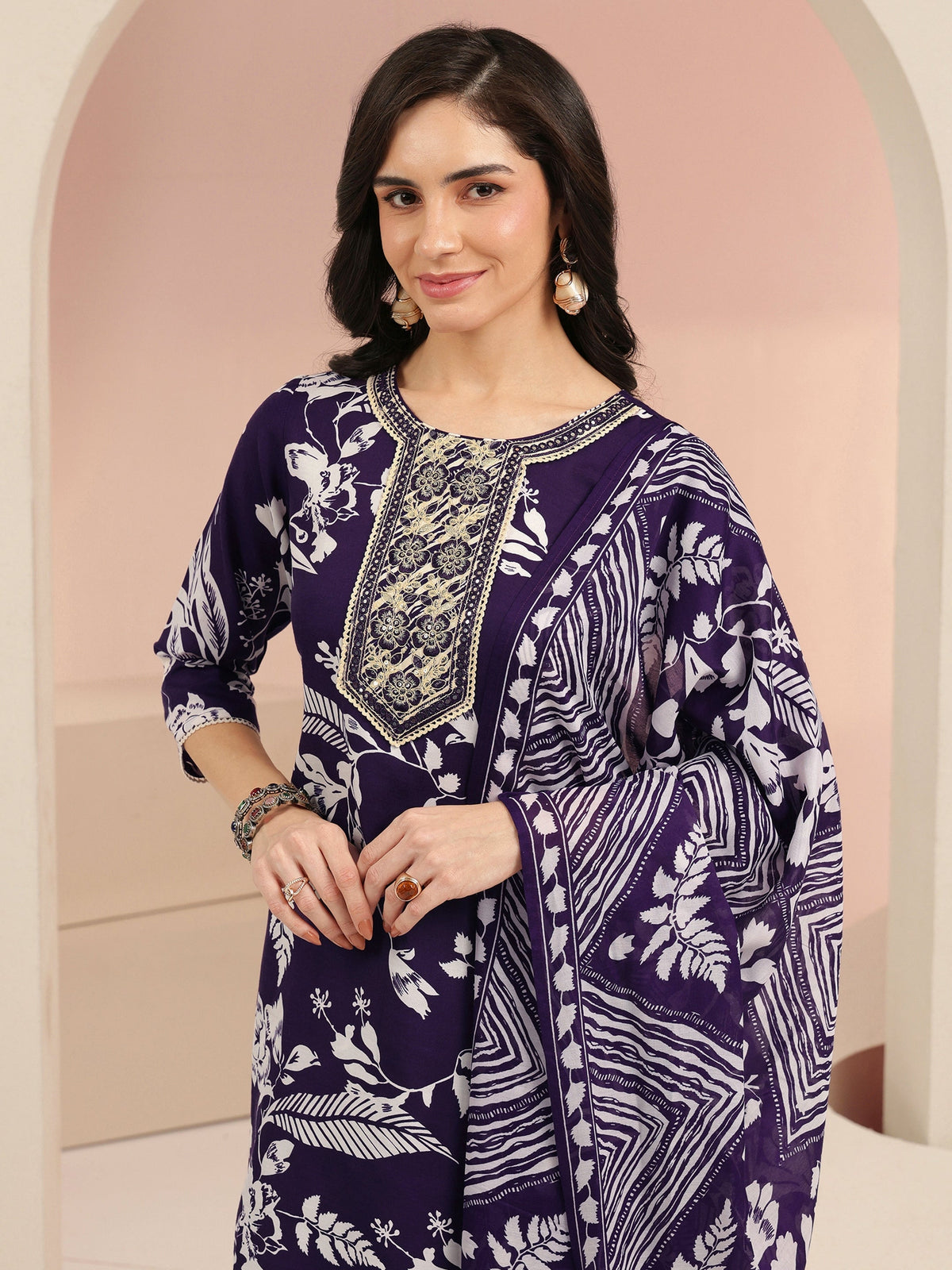 Anouk Plum Purple Floral Printed Cotton Blend Straight Suit Set