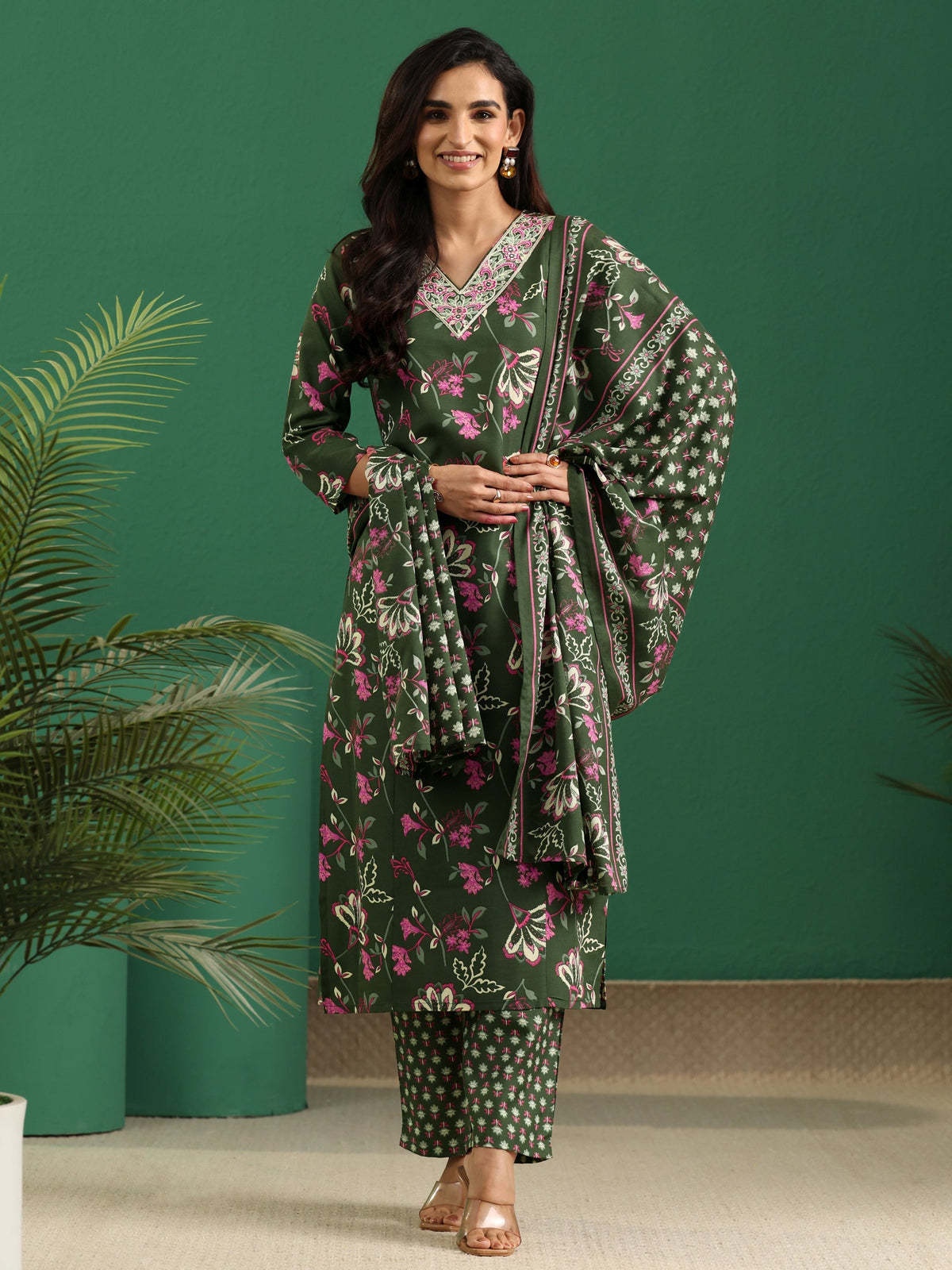 Anouk Olive Green Floral Printed Cotton Blend A-Line Suit Set