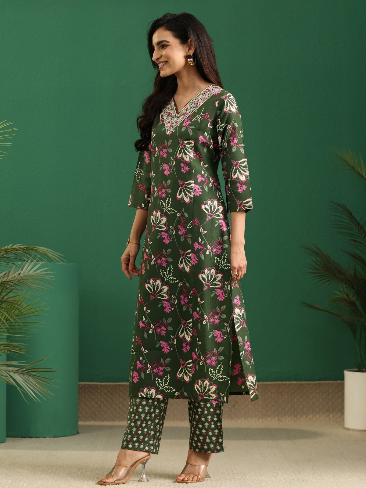 Anouk Olive Green Floral Printed Cotton Blend A-Line Suit Set