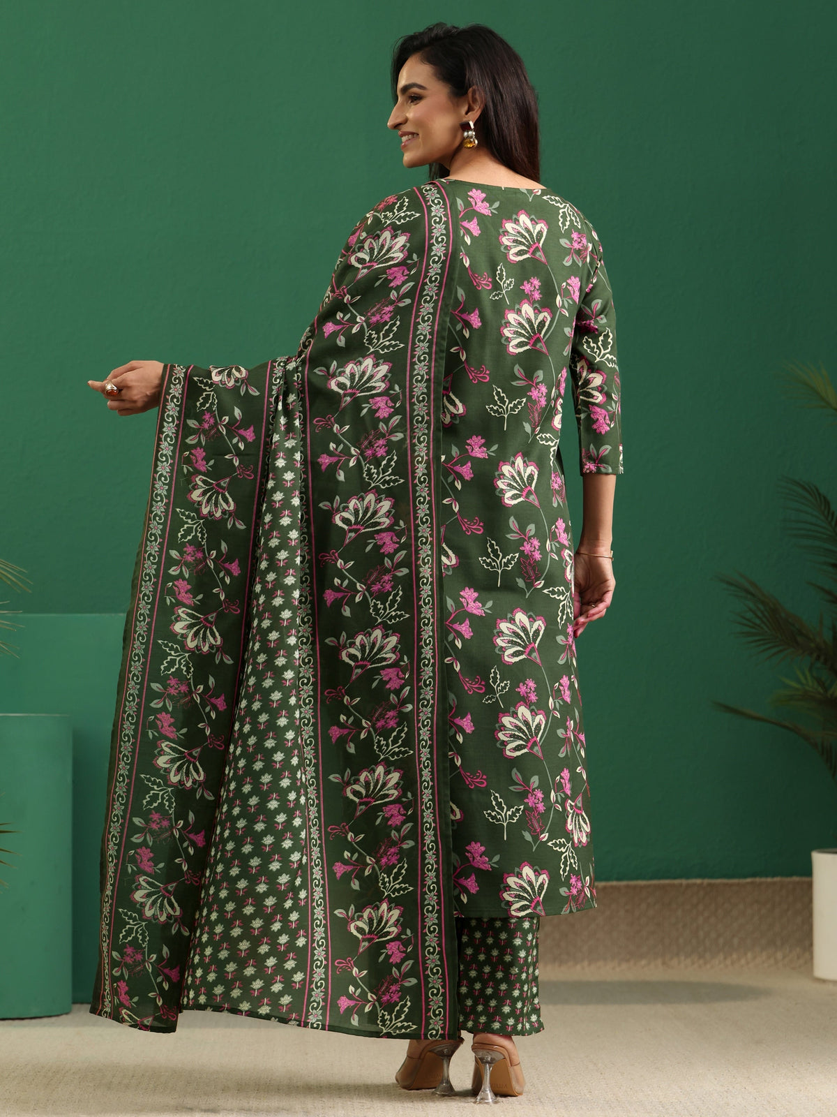 Anouk Olive Green Floral Printed Cotton Blend A-Line Suit Set