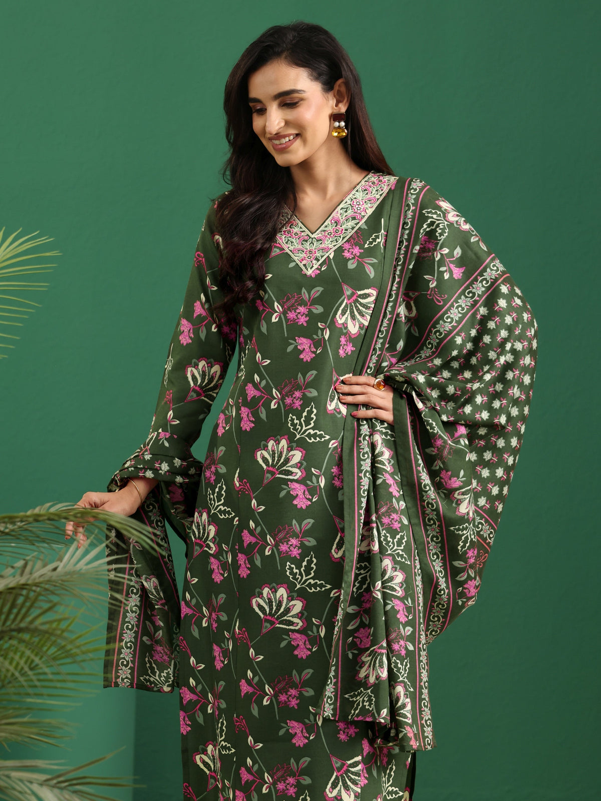 Anouk Olive Green Floral Printed Cotton Blend A-Line Suit Set