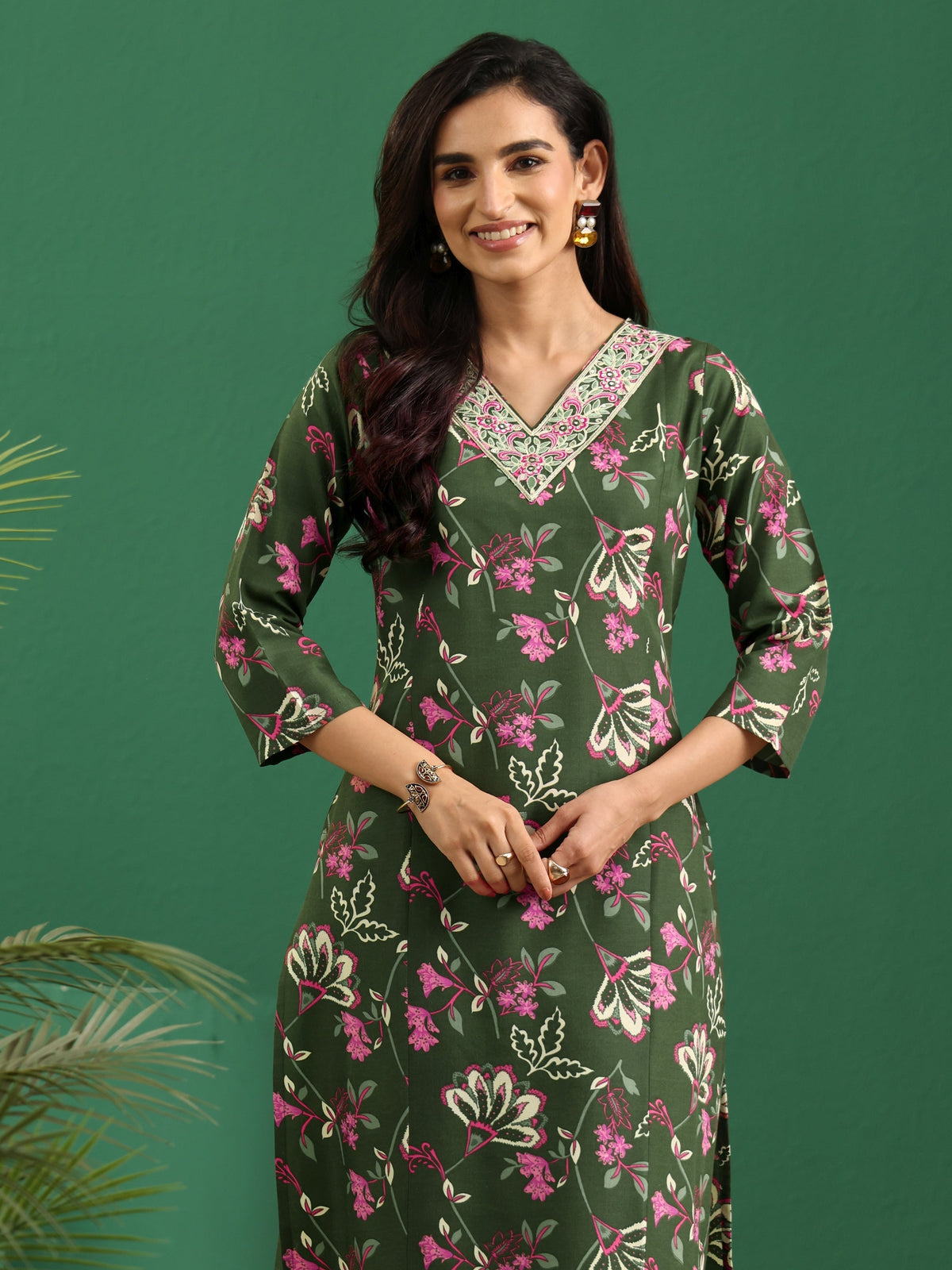 Anouk Olive Green Floral Printed Cotton Blend A-Line Suit Set