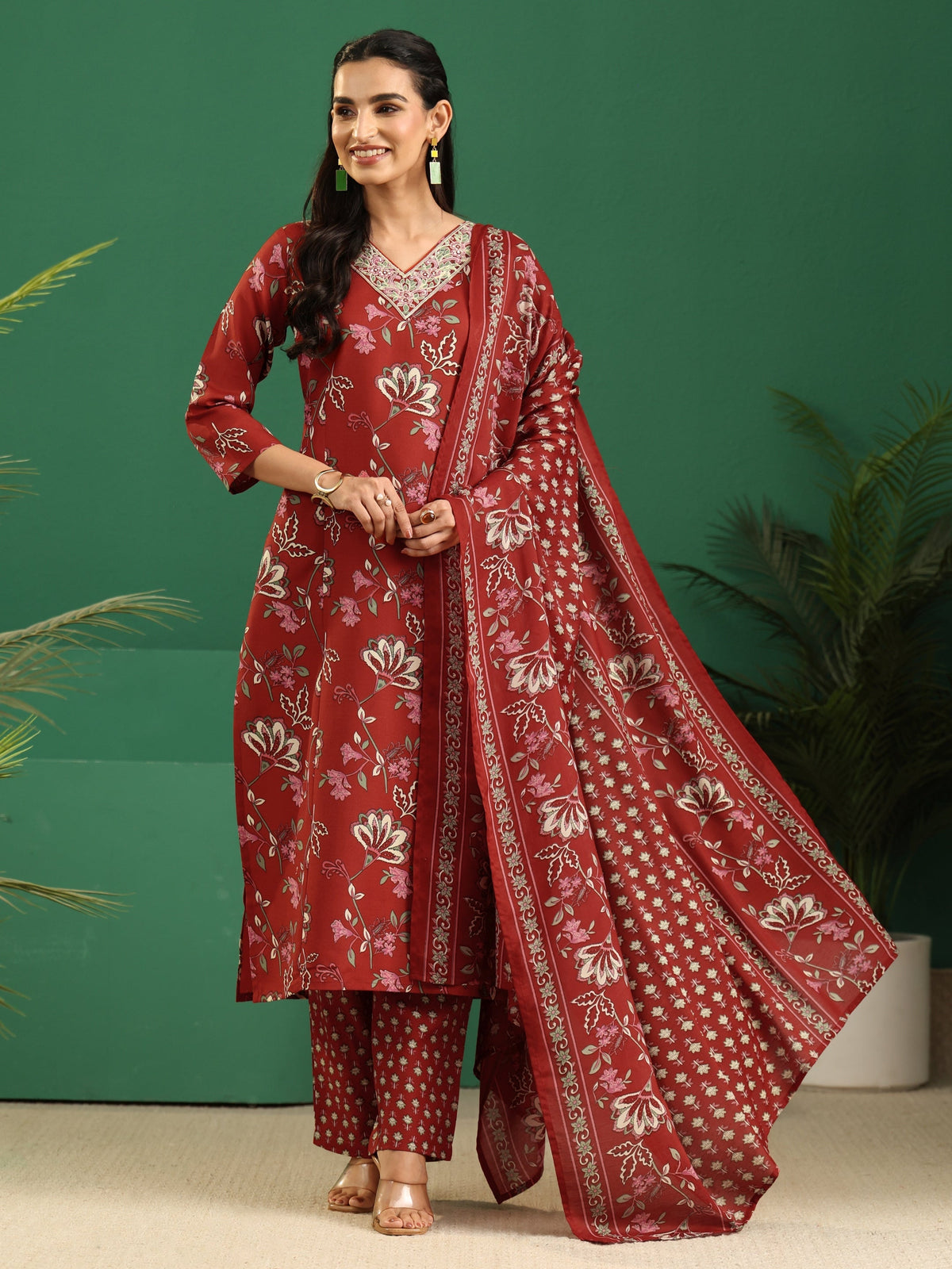 Anouk Crimson Red Floral Printed Cotton Blend A-Line Suit Set