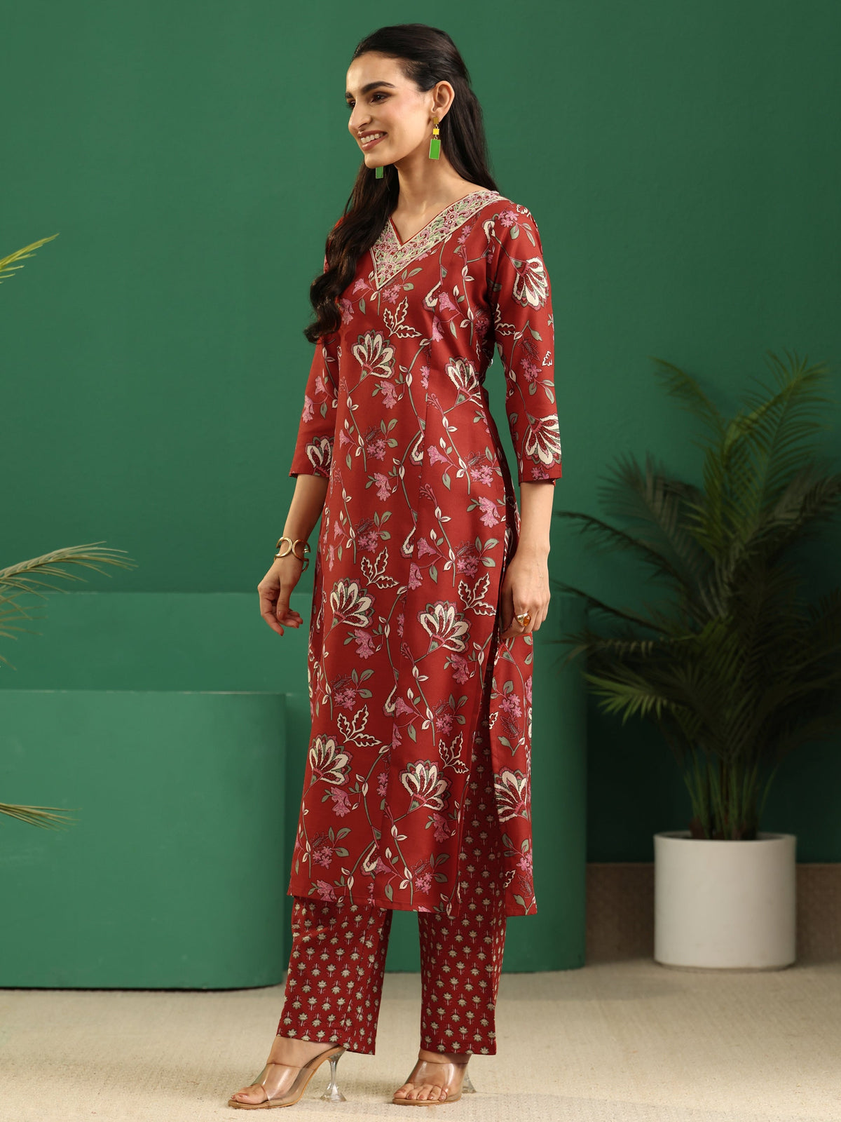Anouk Crimson Red Floral Printed Cotton Blend A-Line Suit Set
