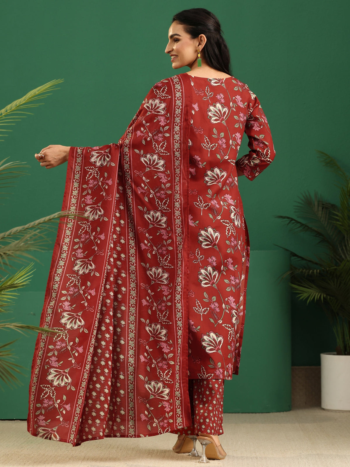 Anouk Crimson Red Floral Printed Cotton Blend A-Line Suit Set
