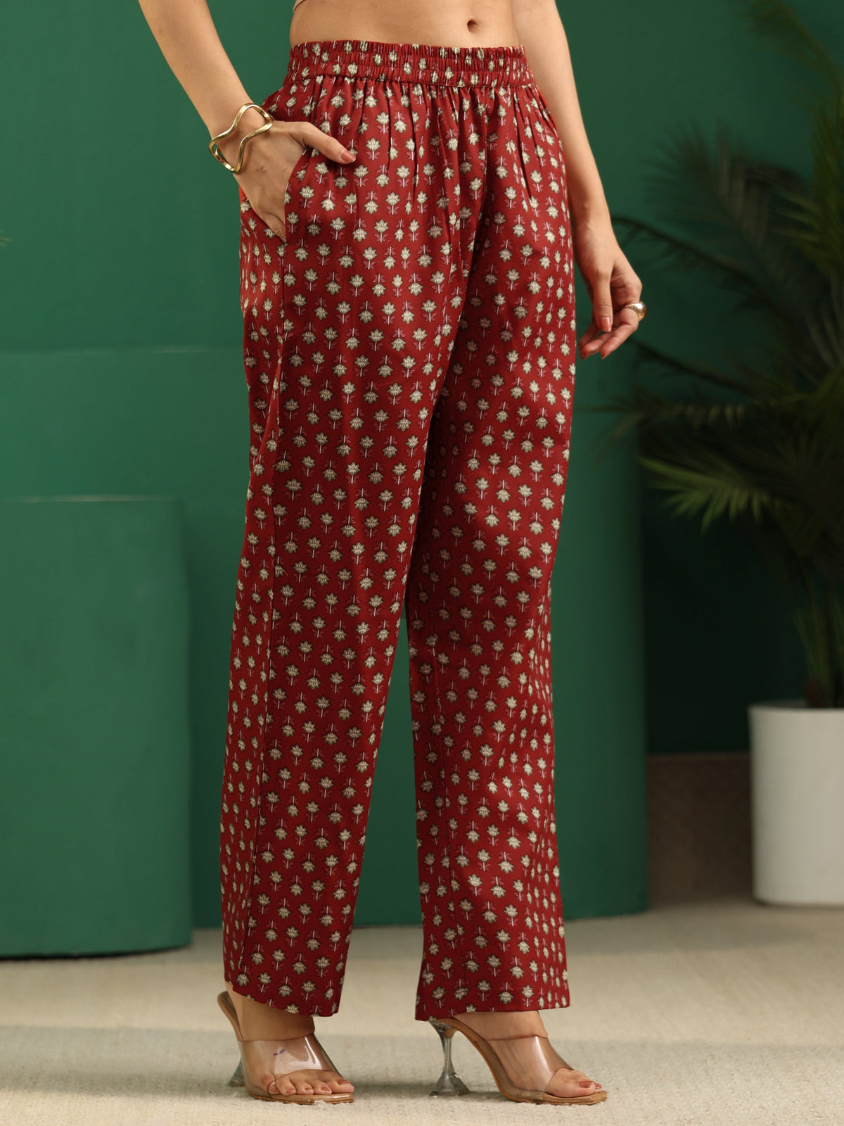 Anouk Crimson Red Floral Printed Cotton Blend A-Line Suit Set