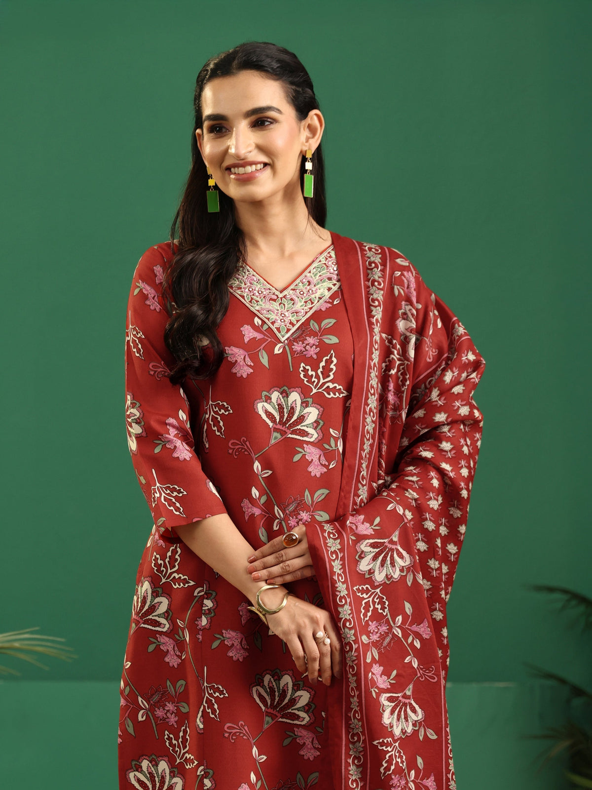 Anouk Crimson Red Floral Printed Cotton Blend A-Line Suit Set