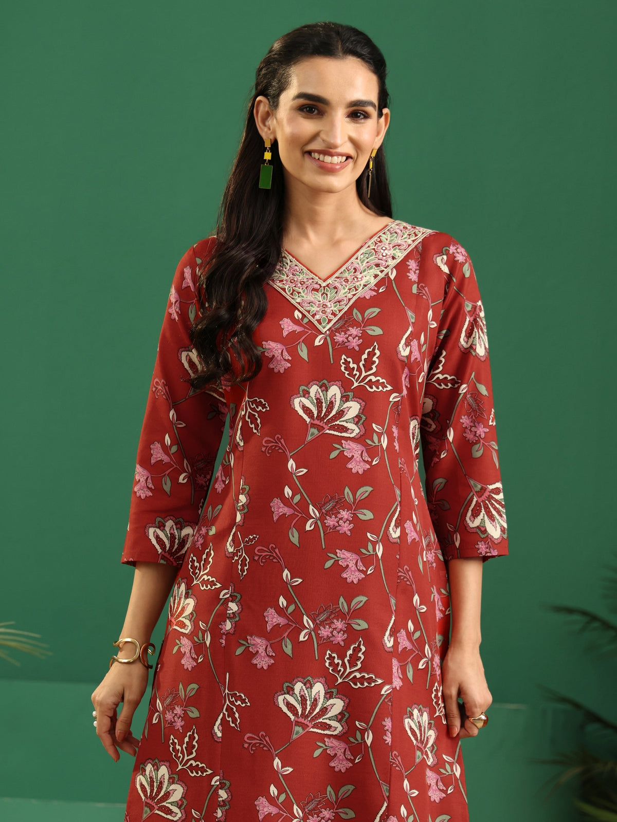 Anouk Crimson Red Floral Printed Cotton Blend A-Line Suit Set