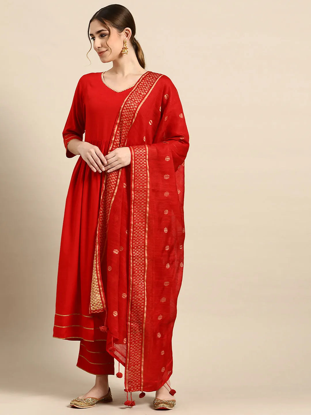 Anouk Red Solid Rayon Anarkali Suit With Dupatta