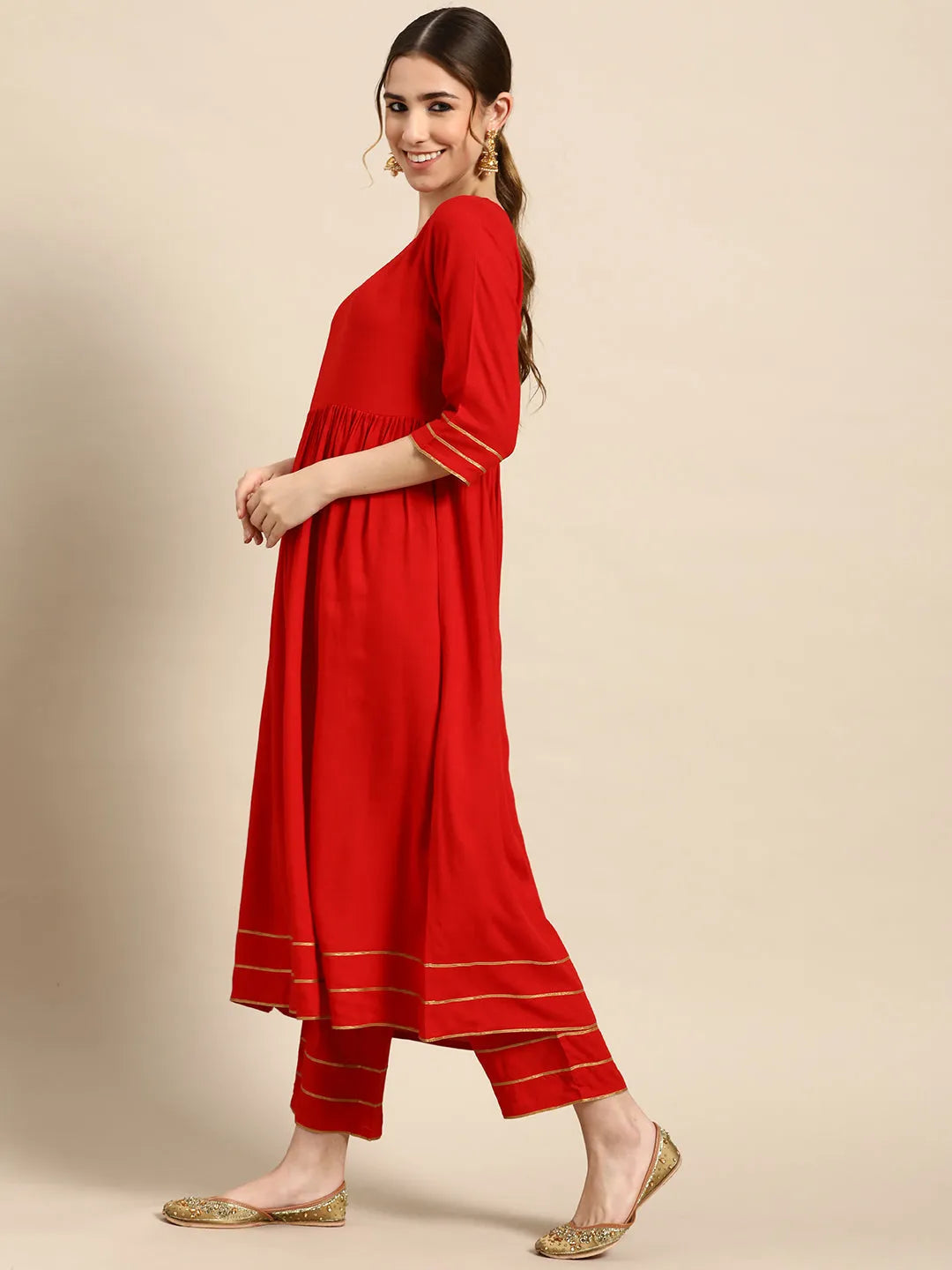 Anouk Red Solid Rayon Anarkali Suit With Dupatta