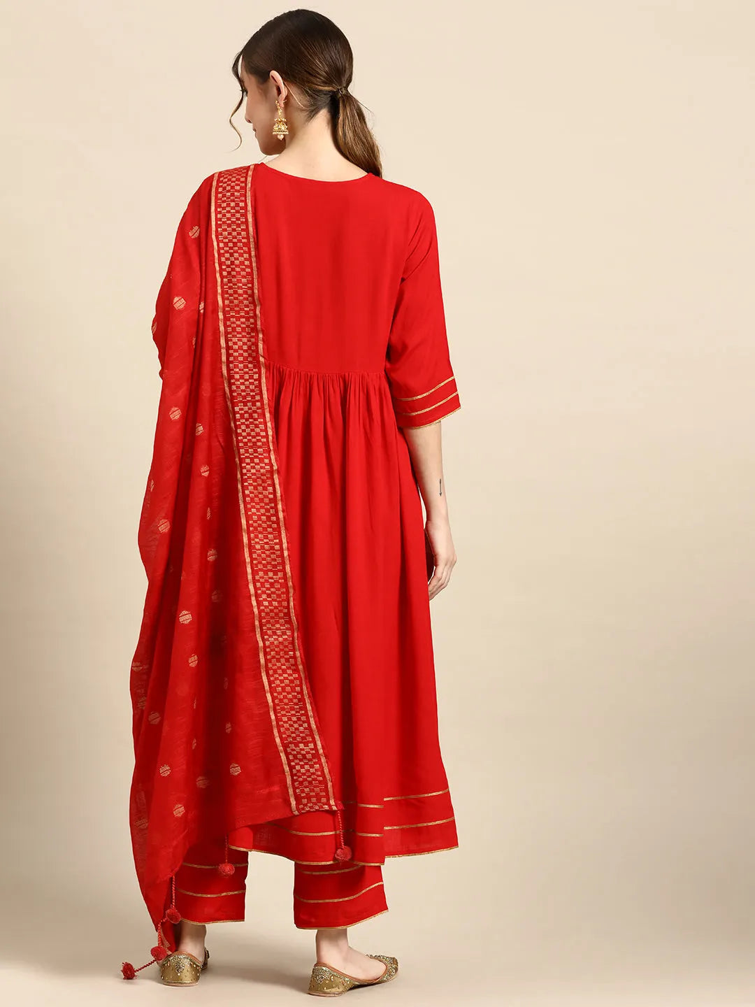 Anouk Red Solid Rayon Anarkali Suit With Dupatta