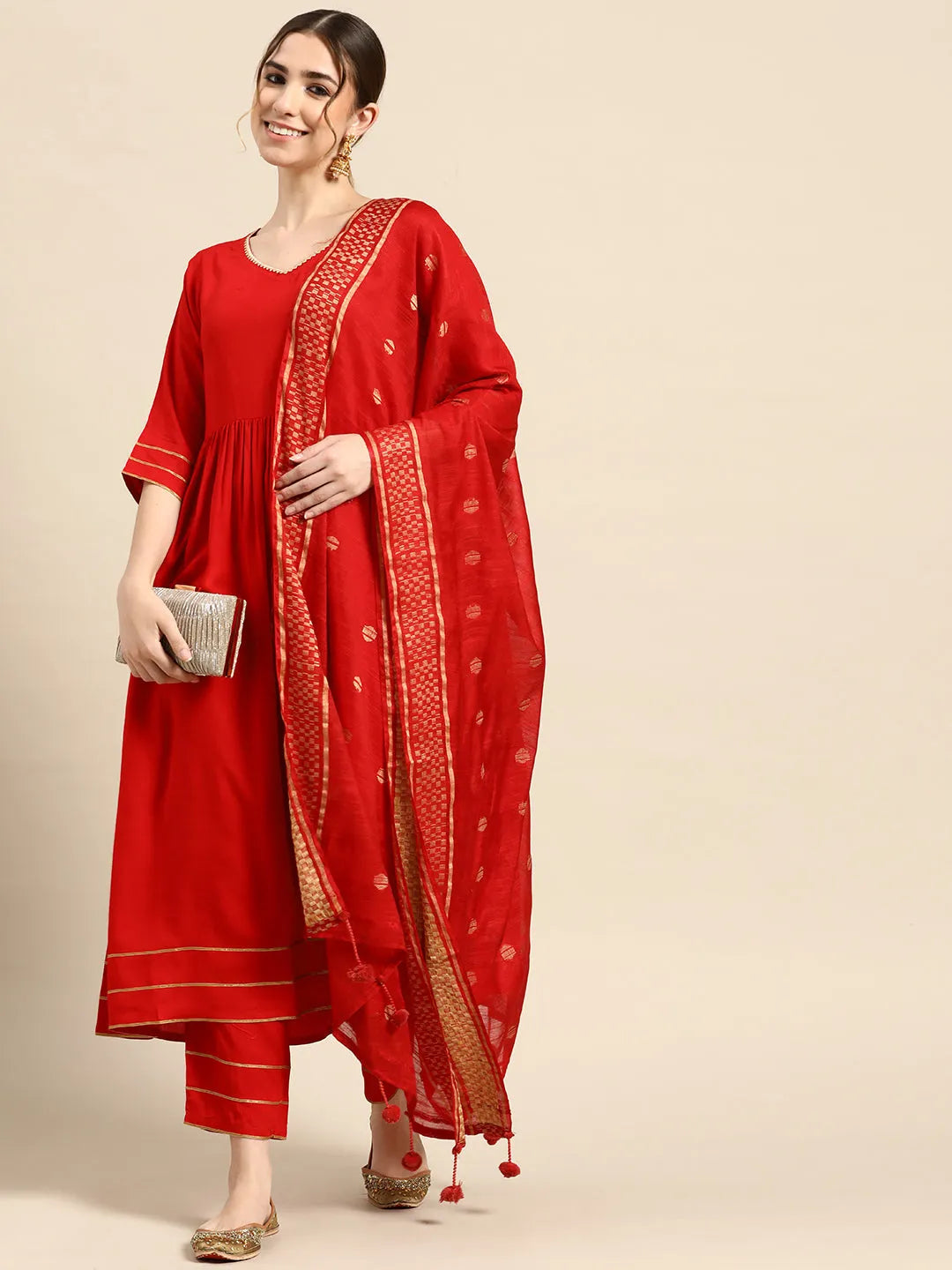 Anouk Red Solid Rayon Anarkali Suit With Dupatta