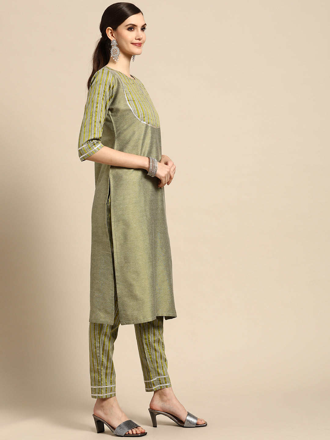 Anouk Green Yoke Design Cotton Blend Suit Set