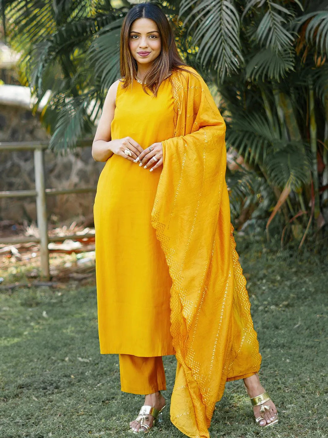 Anouk Mustard Solid Silk Blend Straight Suit With Dupatta