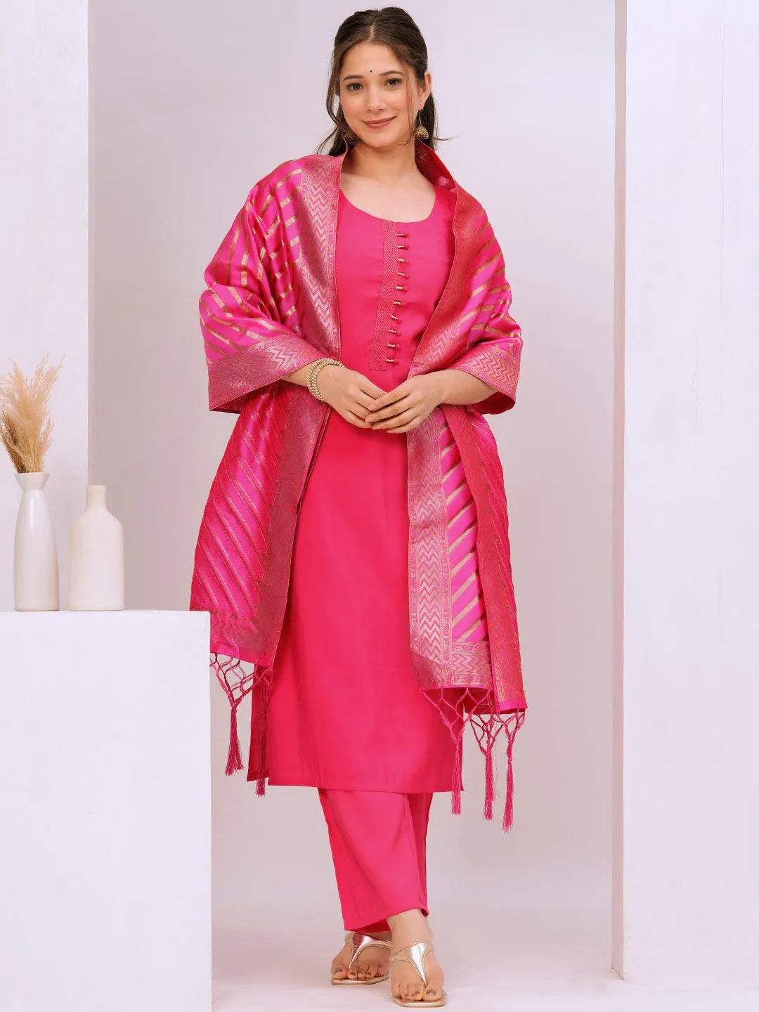 Anouk Pink Solid Silk Blend Straight Suit With Dupatta