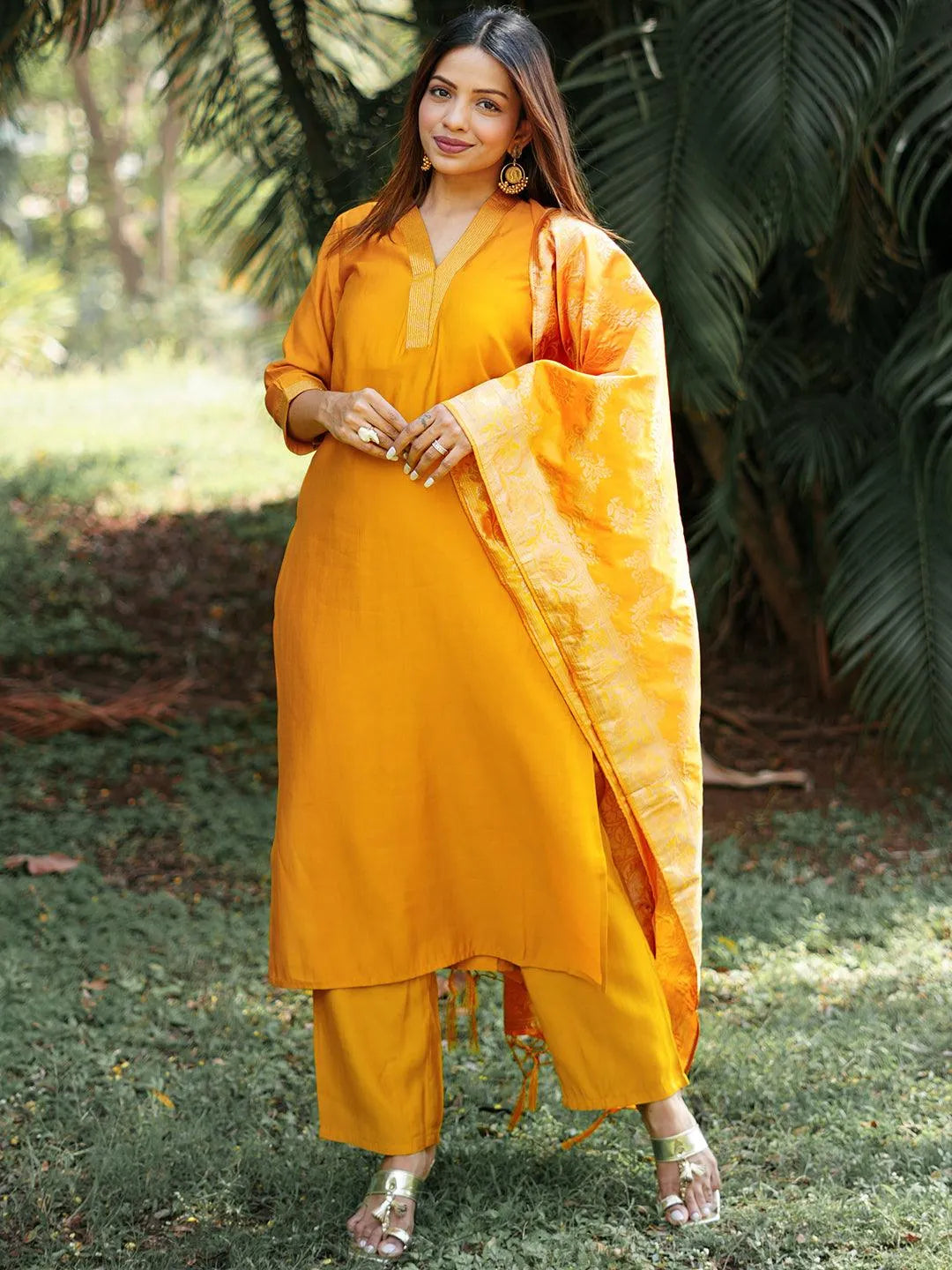 Anouk Mustard Solid Silk Blend Straight Suit With Dupatta