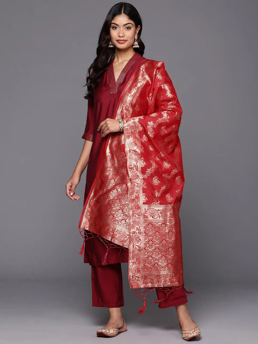 Anouk Red Silk Blend Solid Straight Suit With Dupatta