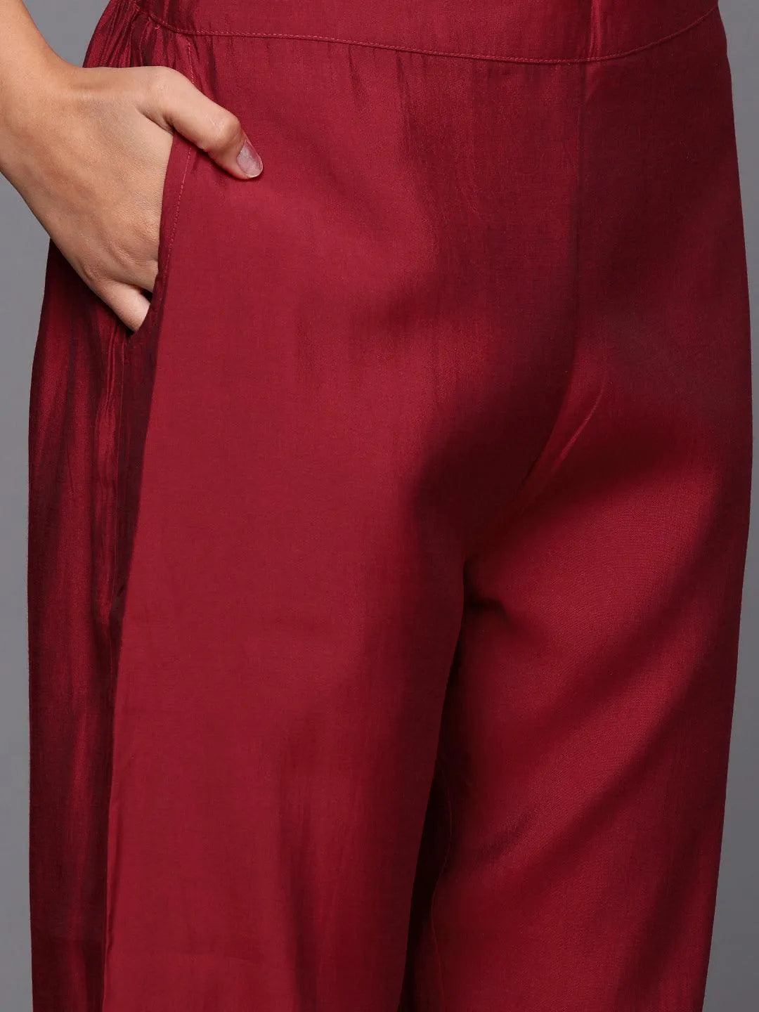 Anouk Red Silk Blend Solid Straight Suit With Dupatta