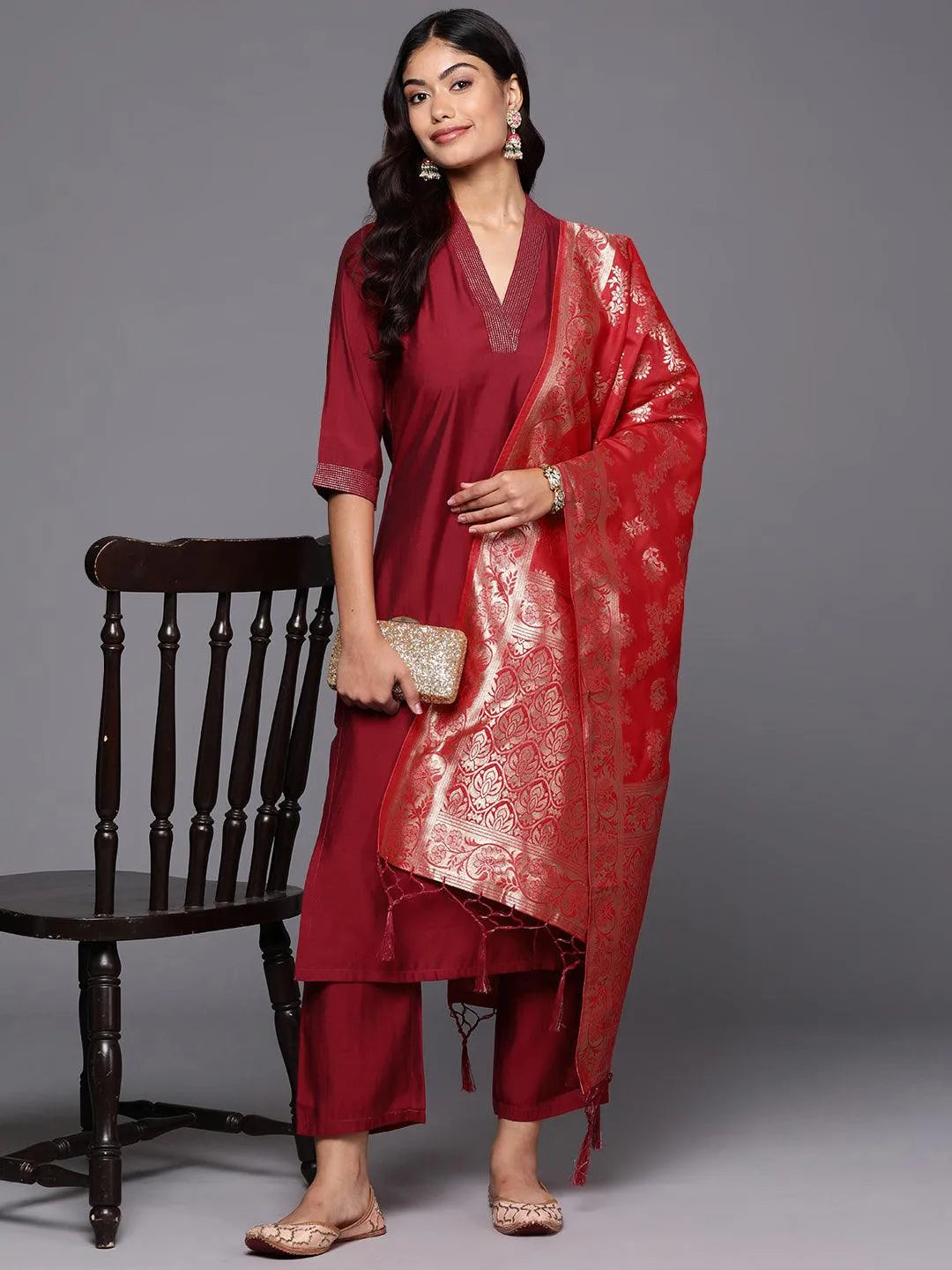 Anouk Red Silk Blend Solid Straight Suit With Dupatta