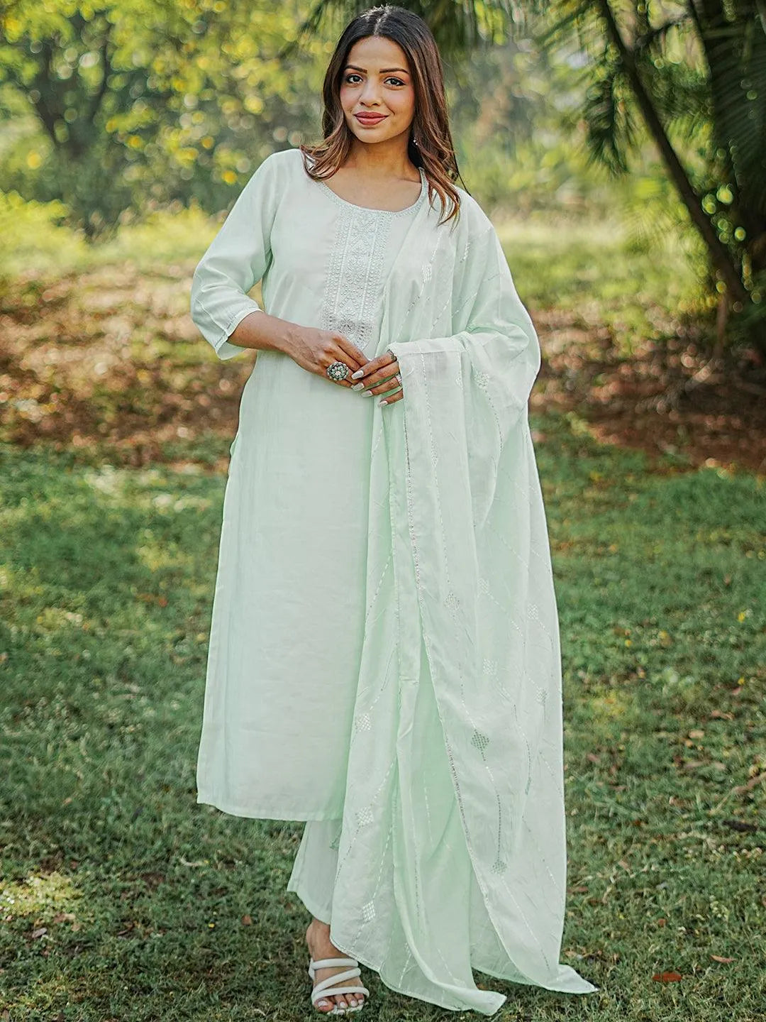 Anouk Green Yoke Design Silk Blend Straight Suit With Dupatta