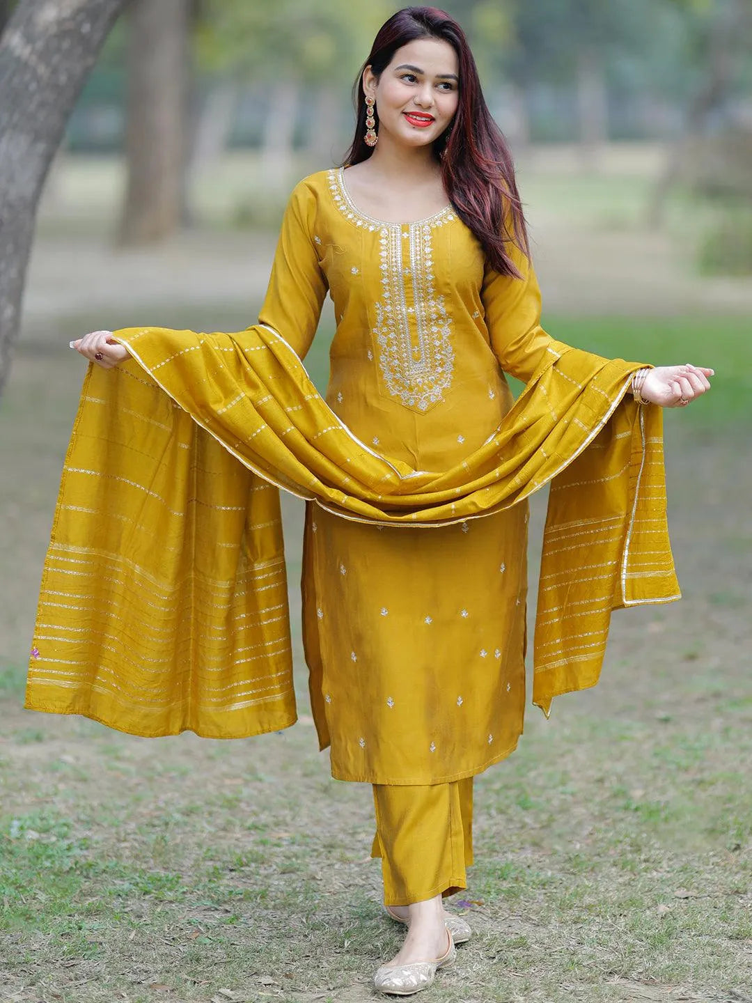 Anouk Mustard Yoke Design Silk Blend Straight Suit With Dupatta