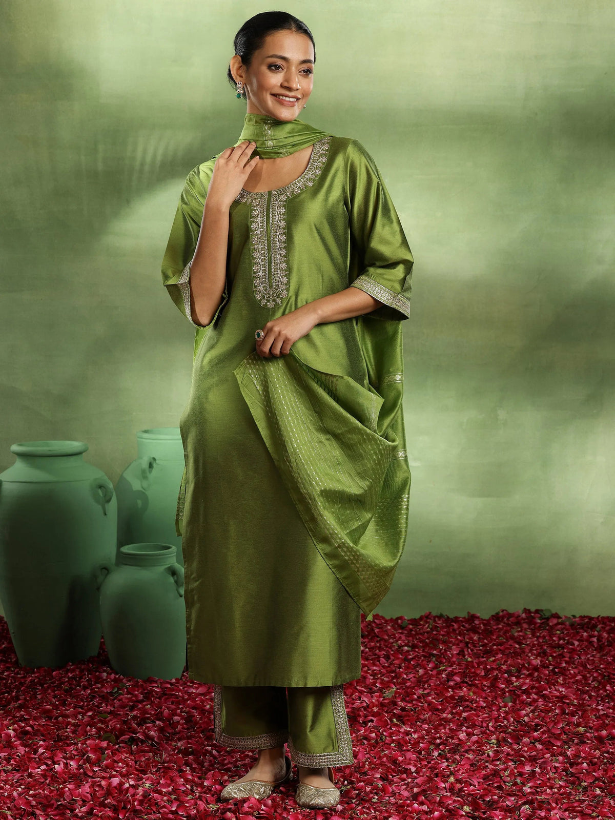 Anouk Green Yoke Design Silk Blend Straight Suit With Dupatta