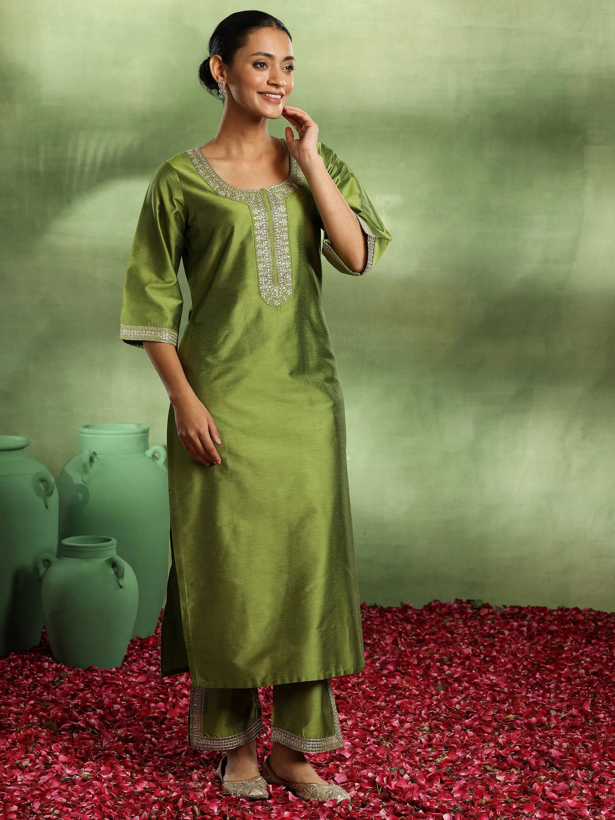 Anouk Green Yoke Design Silk Blend Straight Suit With Dupatta