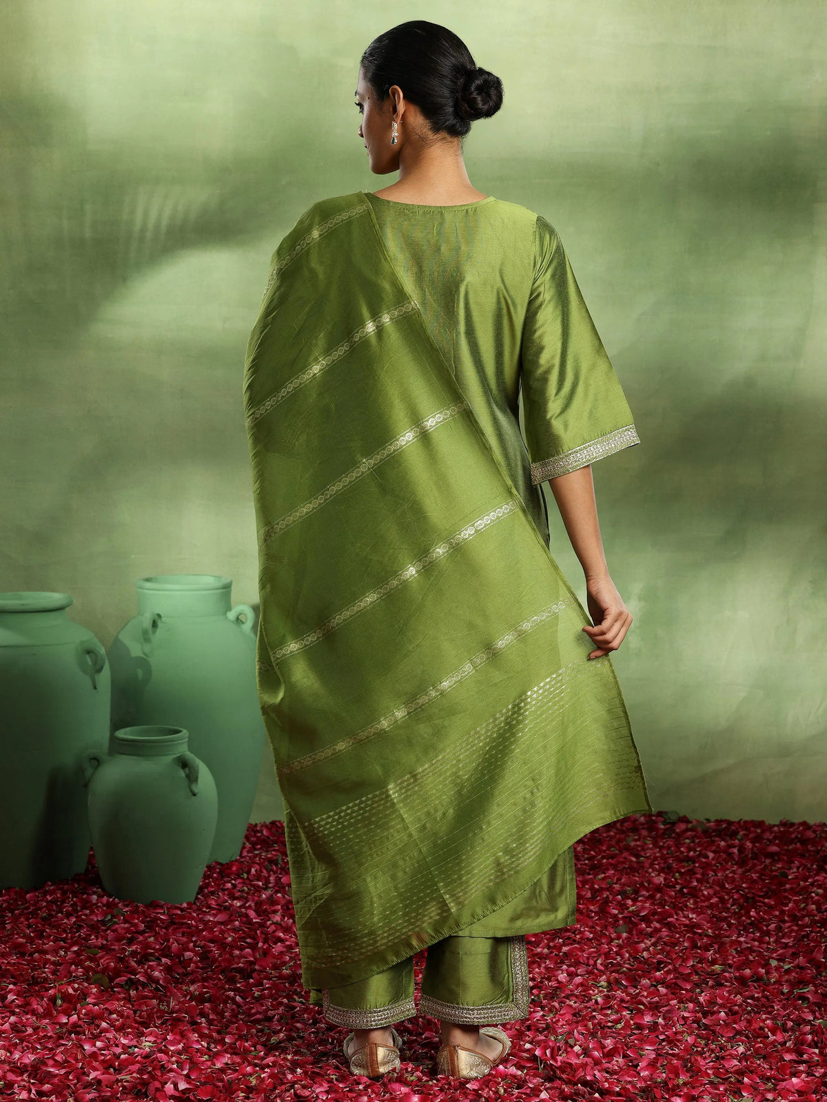 Anouk Green Yoke Design Silk Blend Straight Suit With Dupatta