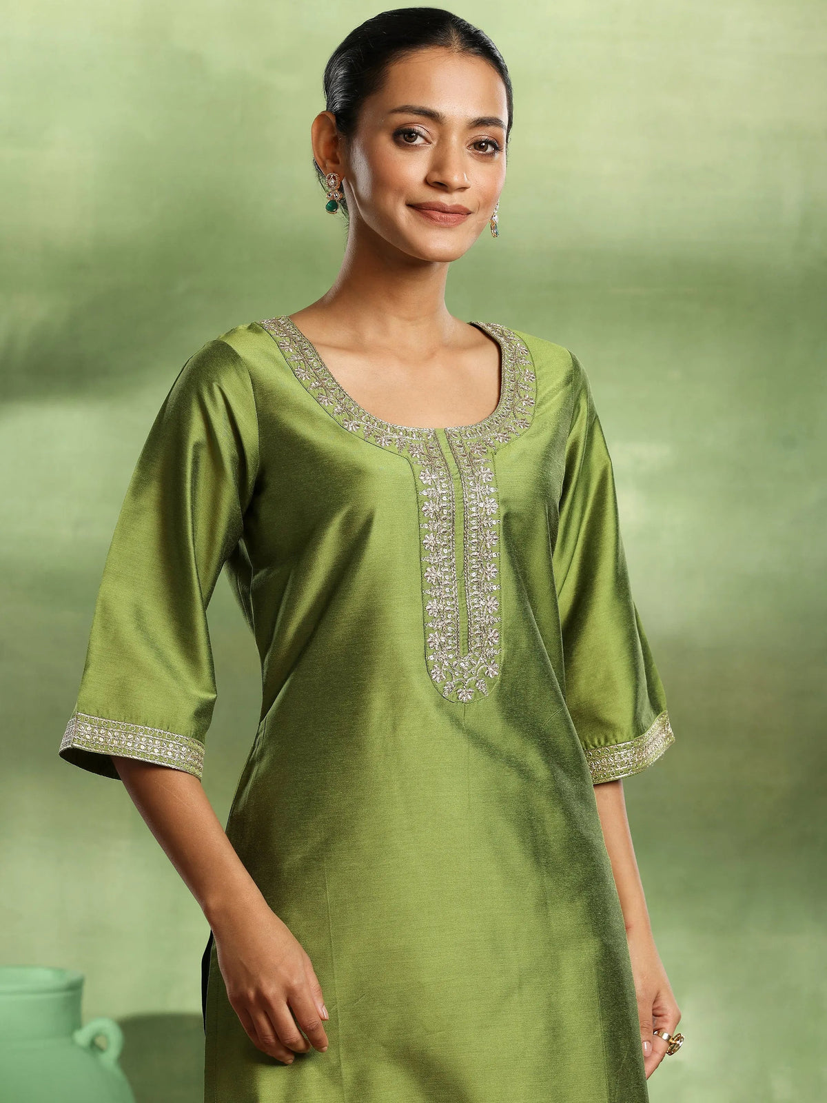 Anouk Green Yoke Design Silk Blend Straight Suit With Dupatta