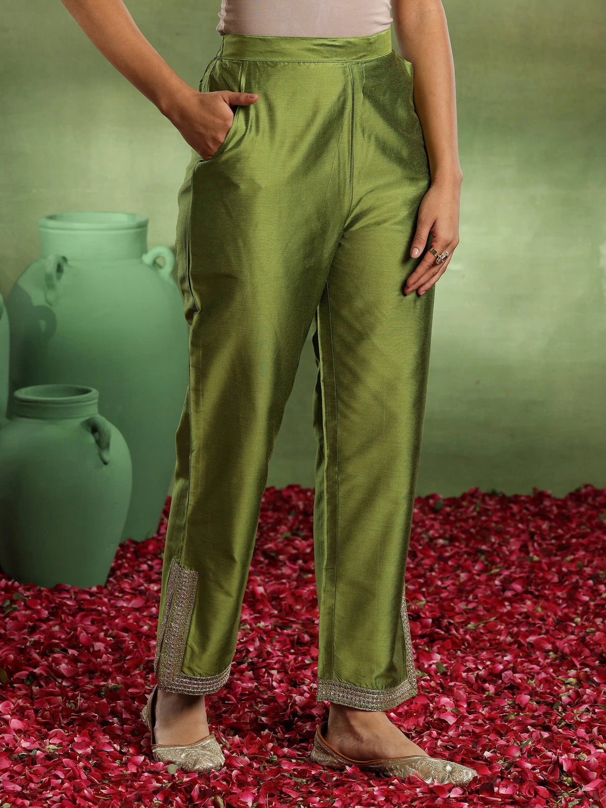 Anouk Green Yoke Design Silk Blend Straight Suit With Dupatta