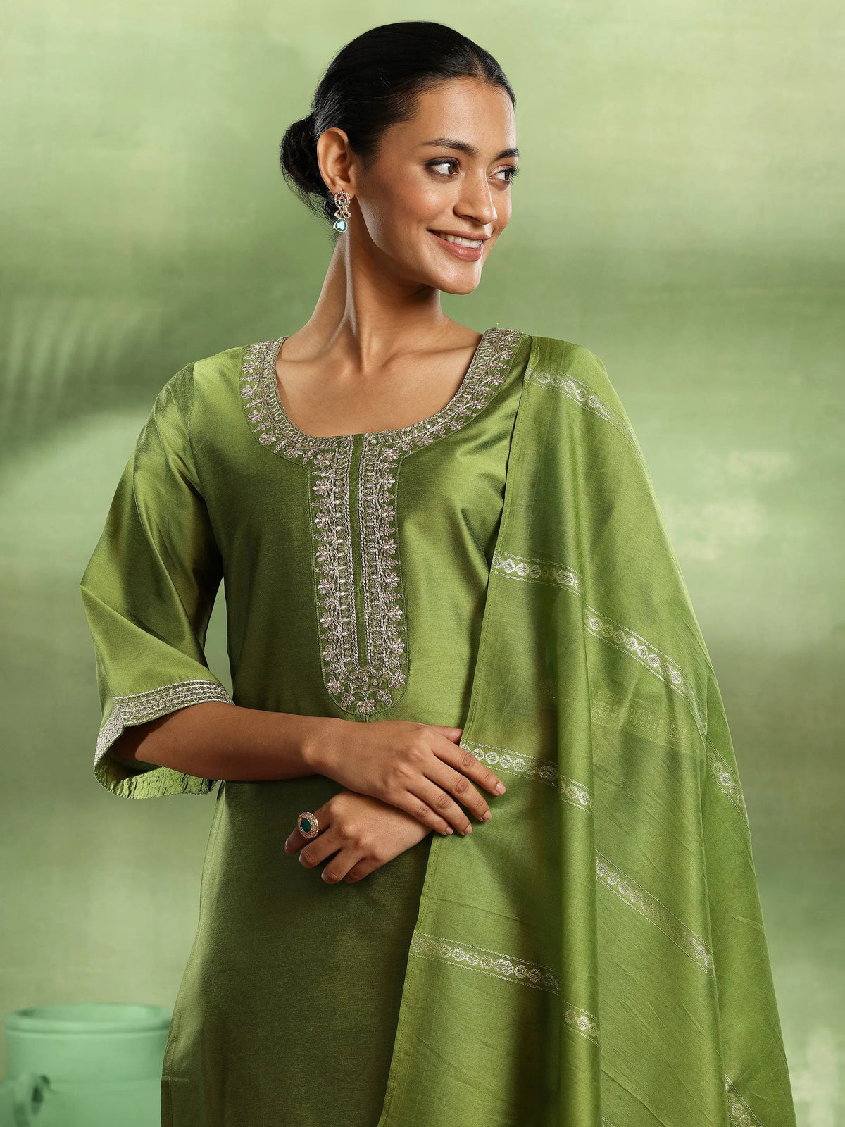 Anouk Green Yoke Design Silk Blend Straight Suit With Dupatta