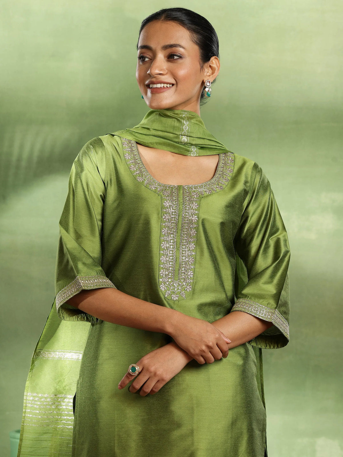 Anouk Green Yoke Design Silk Blend Straight Suit With Dupatta