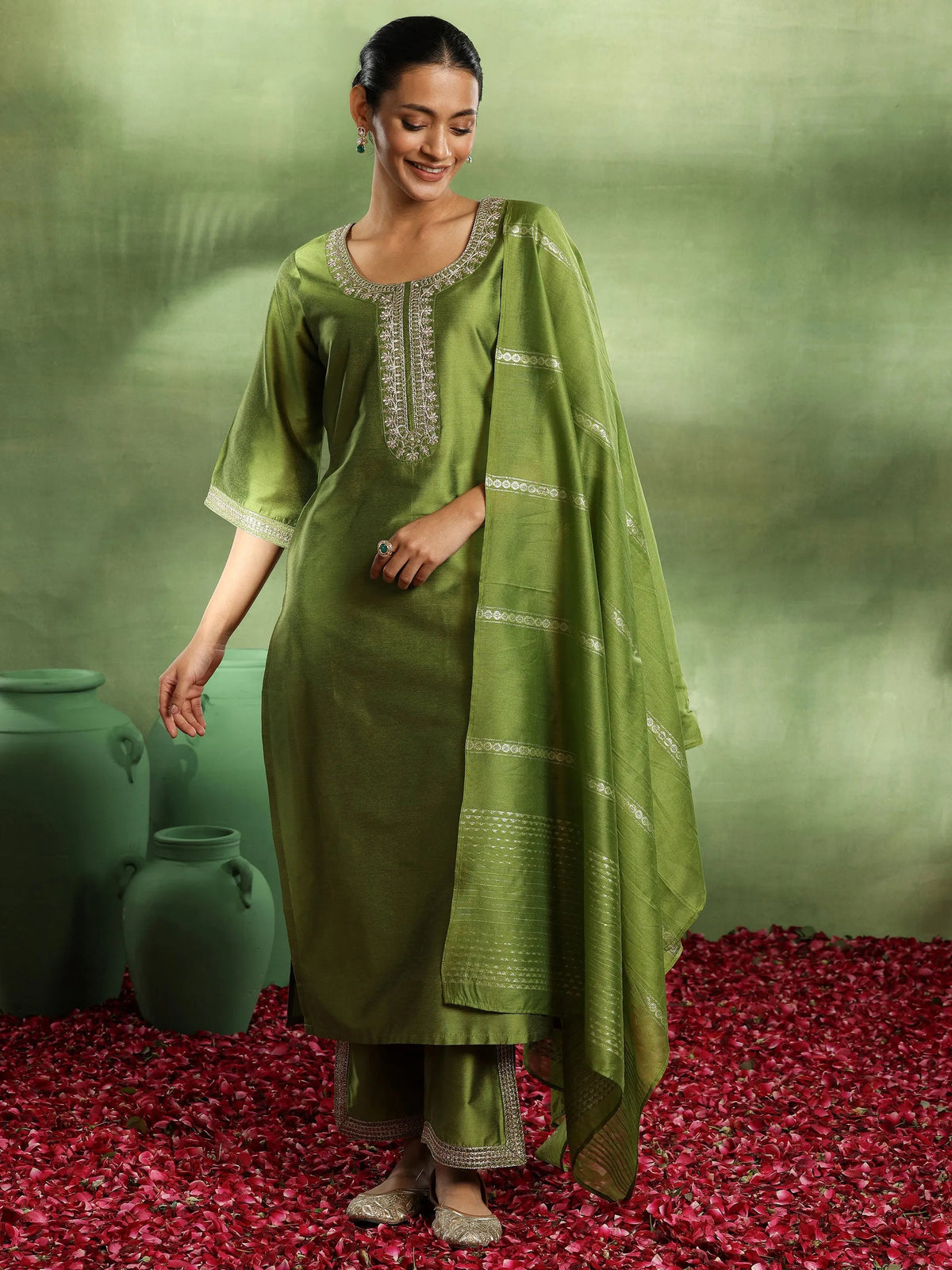 Anouk Green Yoke Design Silk Blend Straight Suit With Dupatta