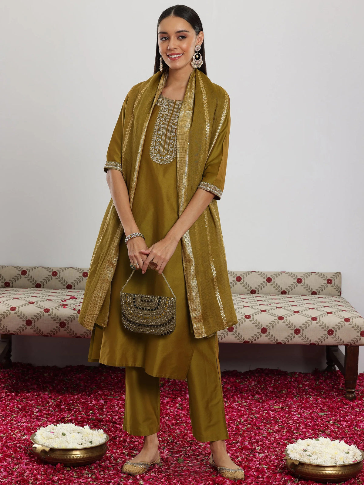 Anouk Mustard Yoke Design Silk Blend Straight Suit With Dupatta