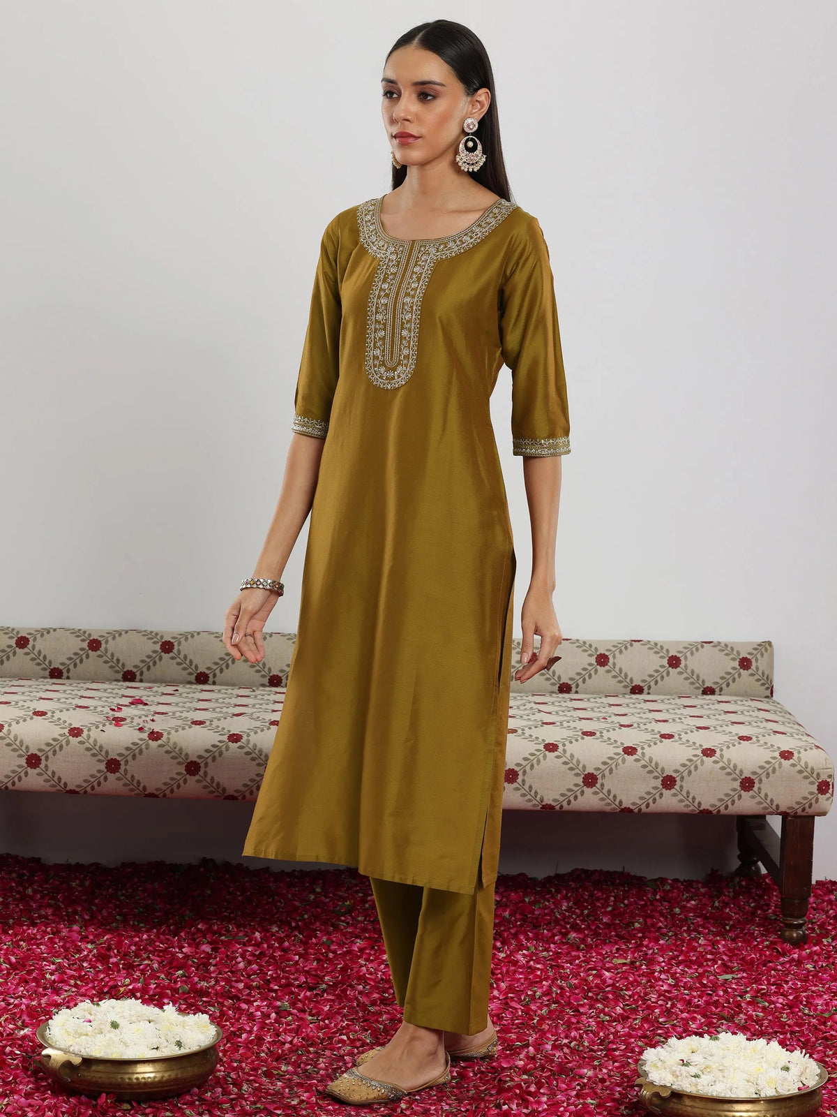 Anouk Mustard Yoke Design Silk Blend Straight Suit With Dupatta