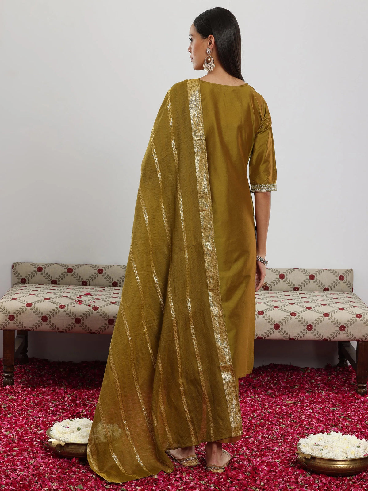 Anouk Mustard Yoke Design Silk Blend Straight Suit With Dupatta