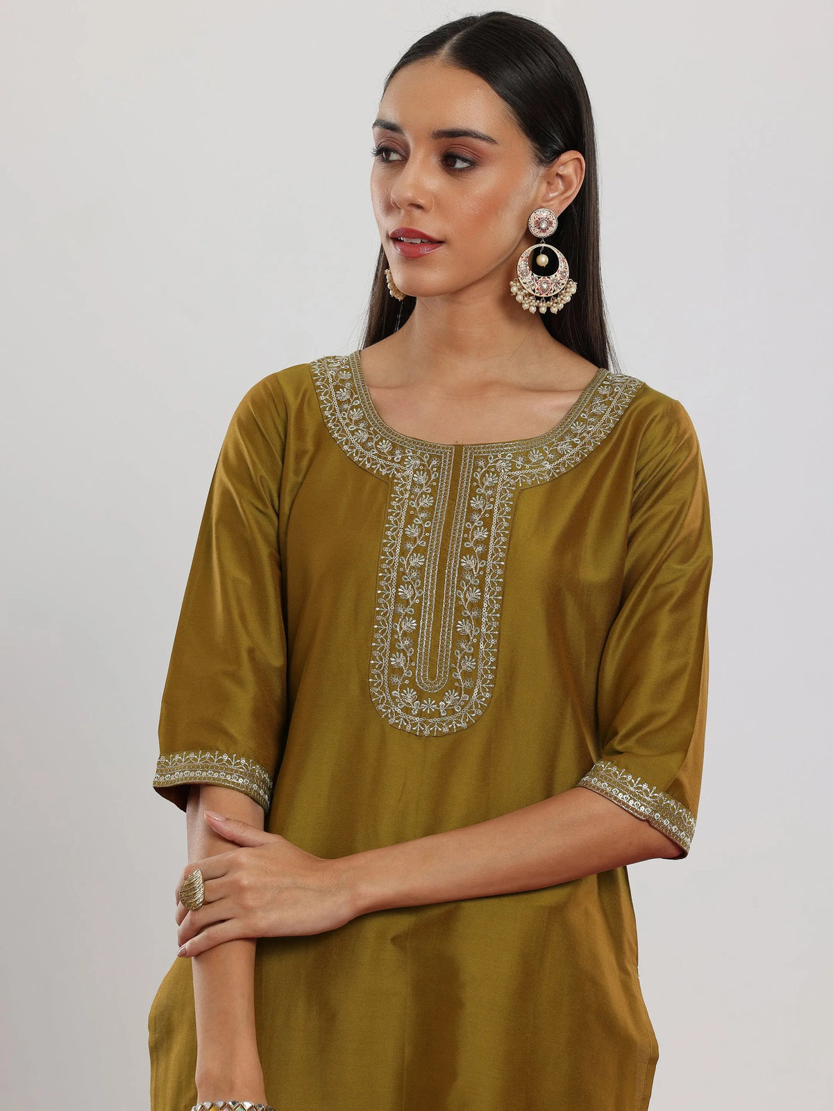 Anouk Mustard Yoke Design Silk Blend Straight Suit With Dupatta