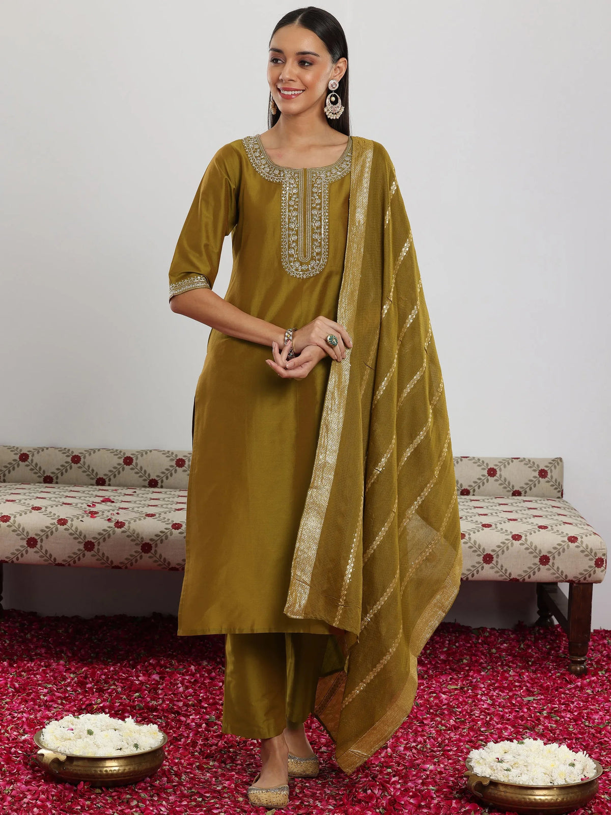Anouk Mustard Yoke Design Silk Blend Straight Suit With Dupatta