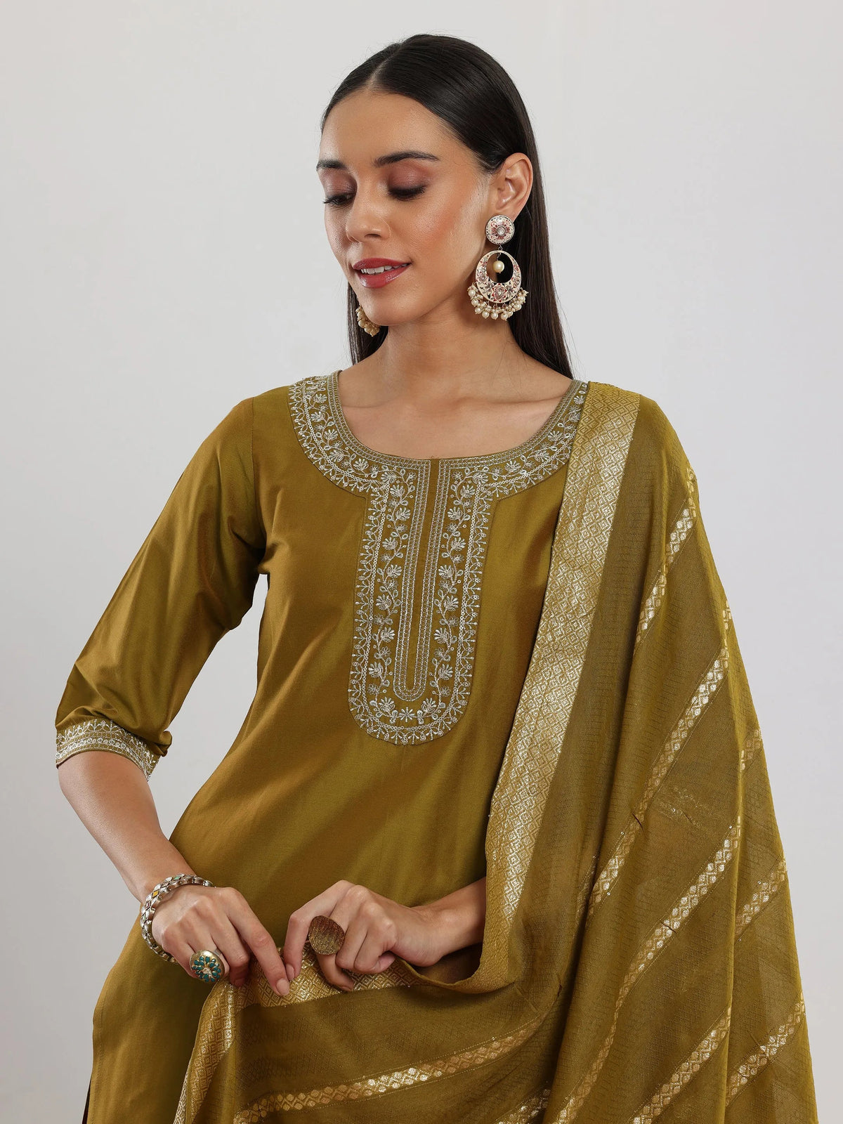 Anouk Mustard Yoke Design Silk Blend Straight Suit With Dupatta
